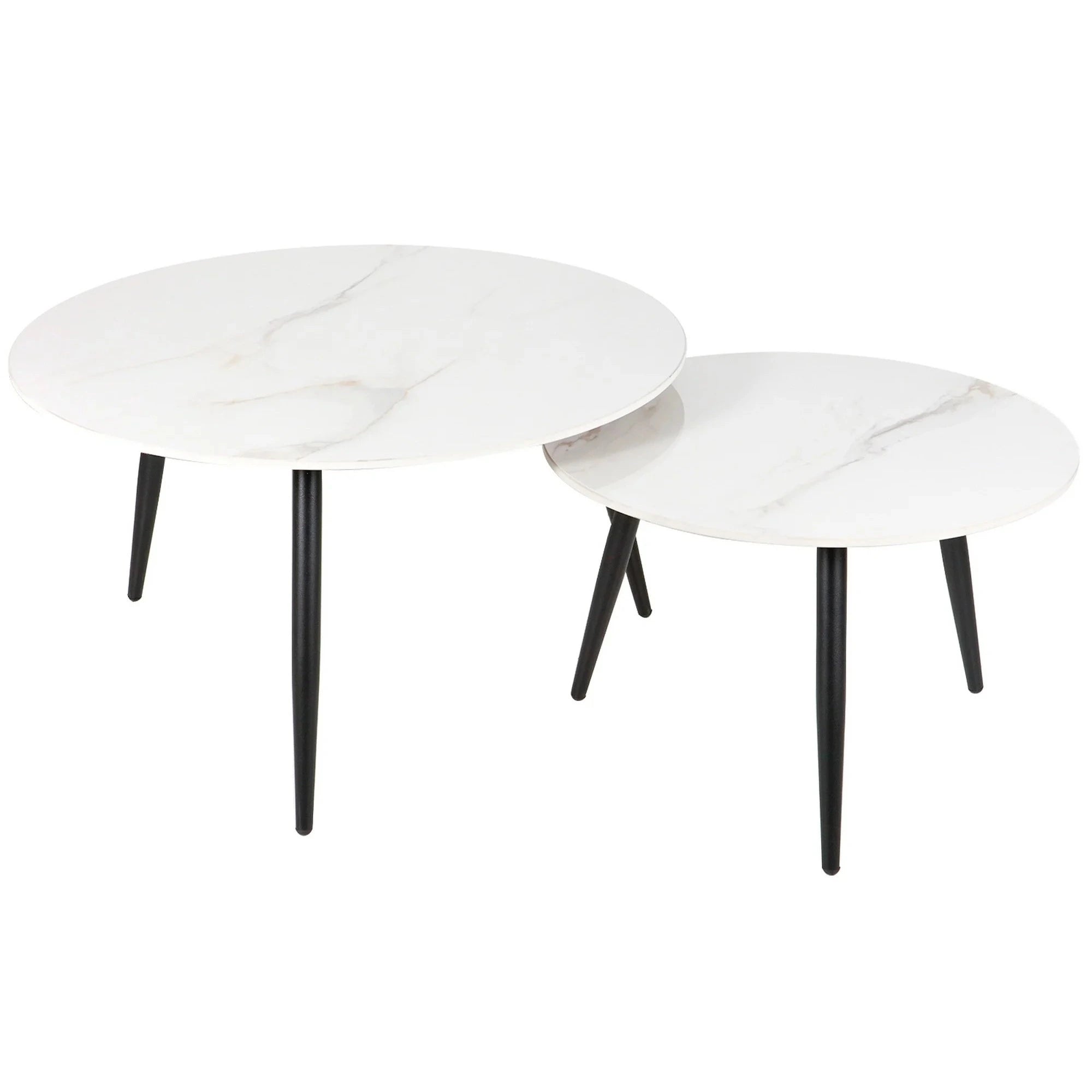 Set 2 masute cafea KORA D, alb cu efect de marmura/negru, ceramica/metal