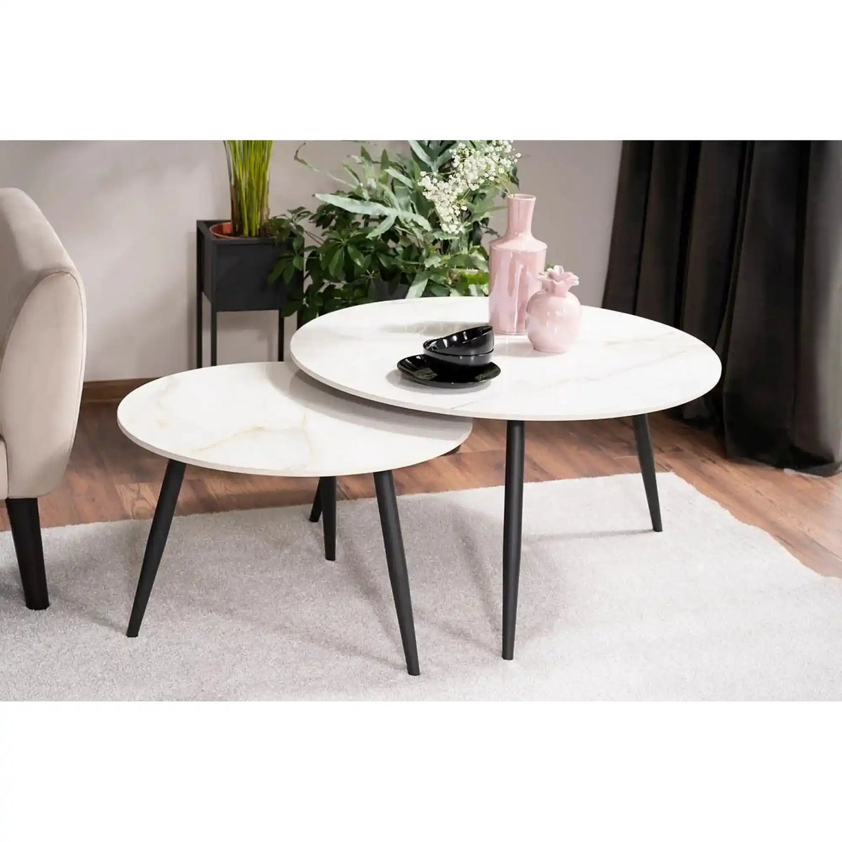 Set 2 masute cafea KORA D, alb cu efect de marmura/negru, ceramica/metal