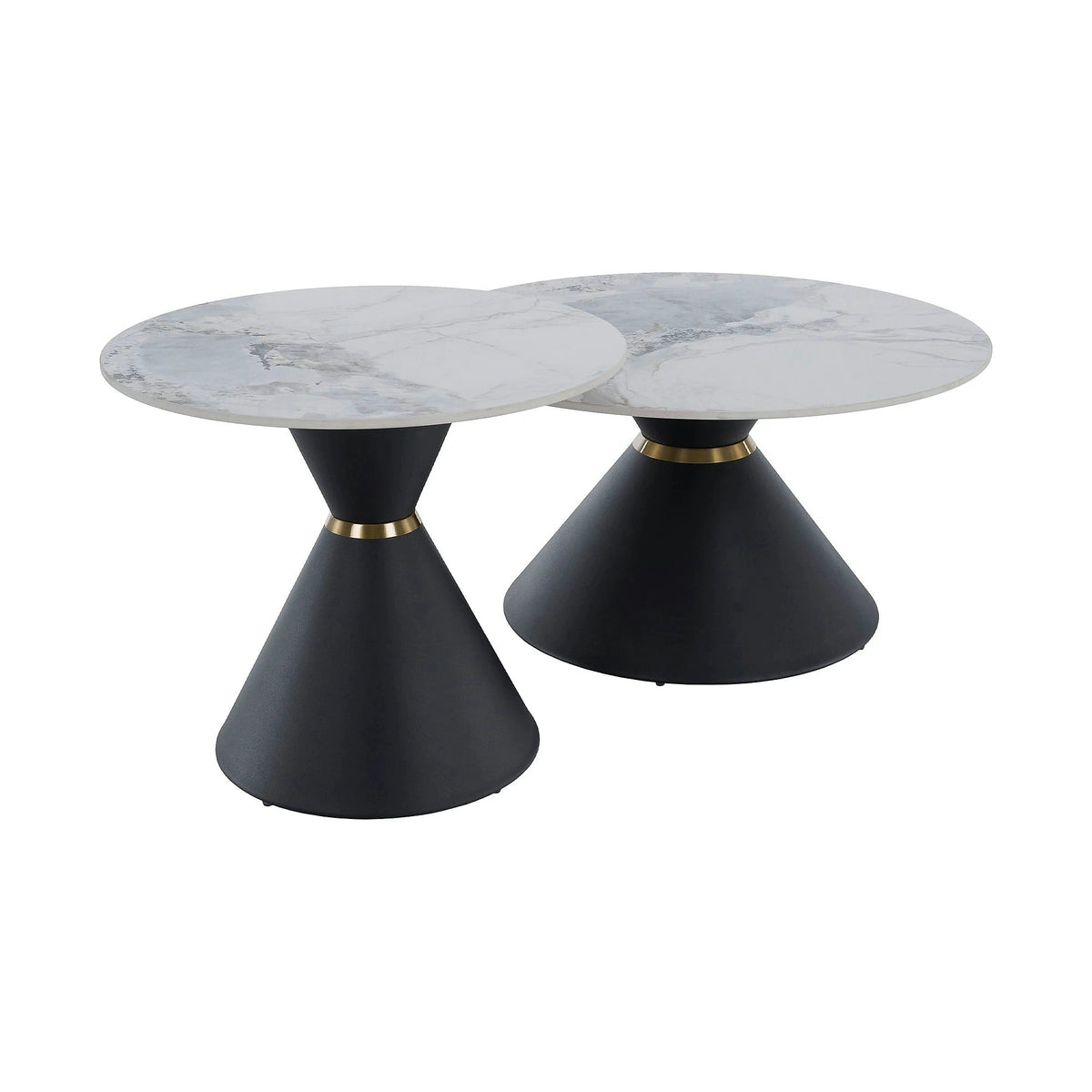 Set 2 masute cafea MABUZ NEW, alb cu efect de marmura/negru, piatra/metal