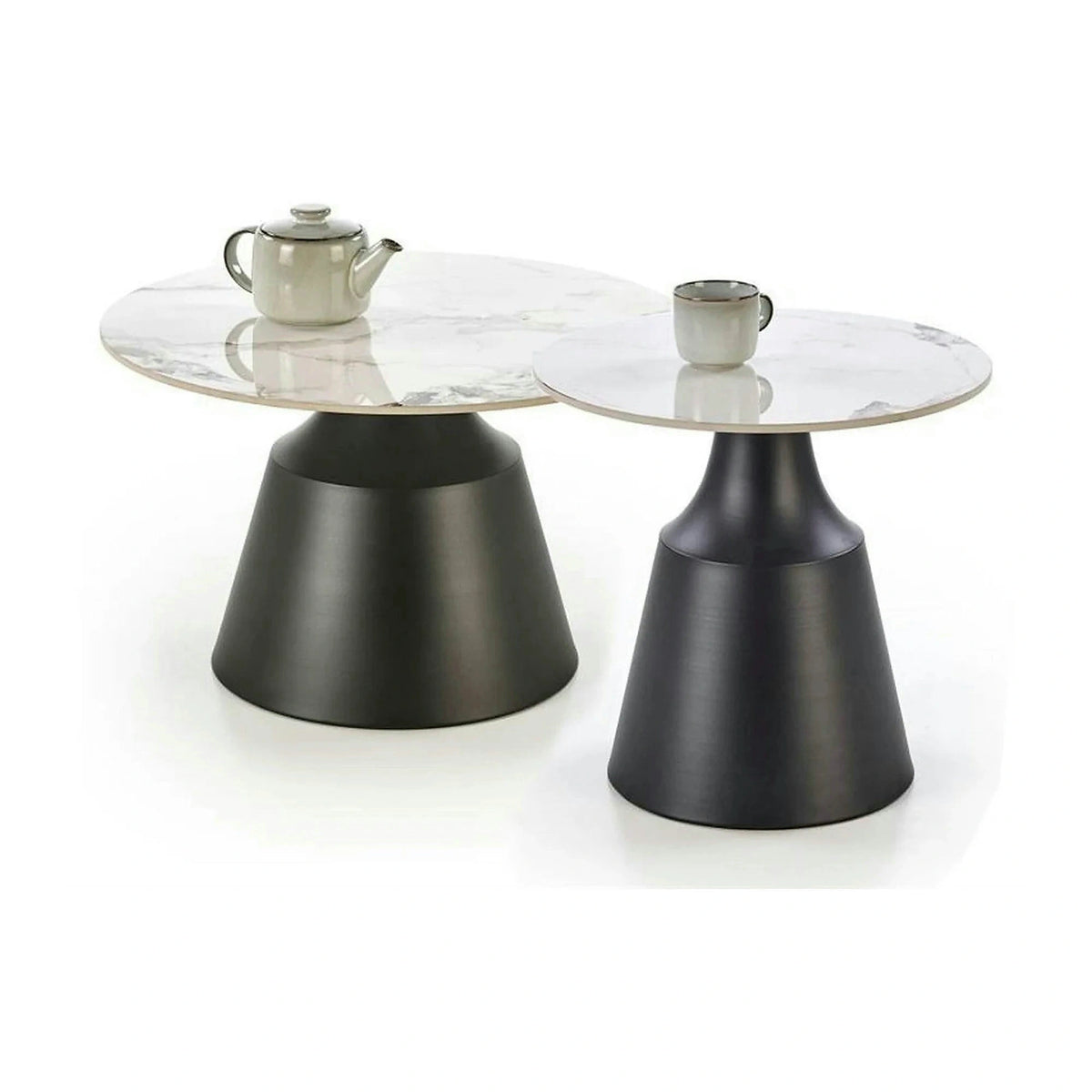 Set 2 masute cafea MAGNETA, alb cu efect de marmura/negru, piatra sinterizata/otel