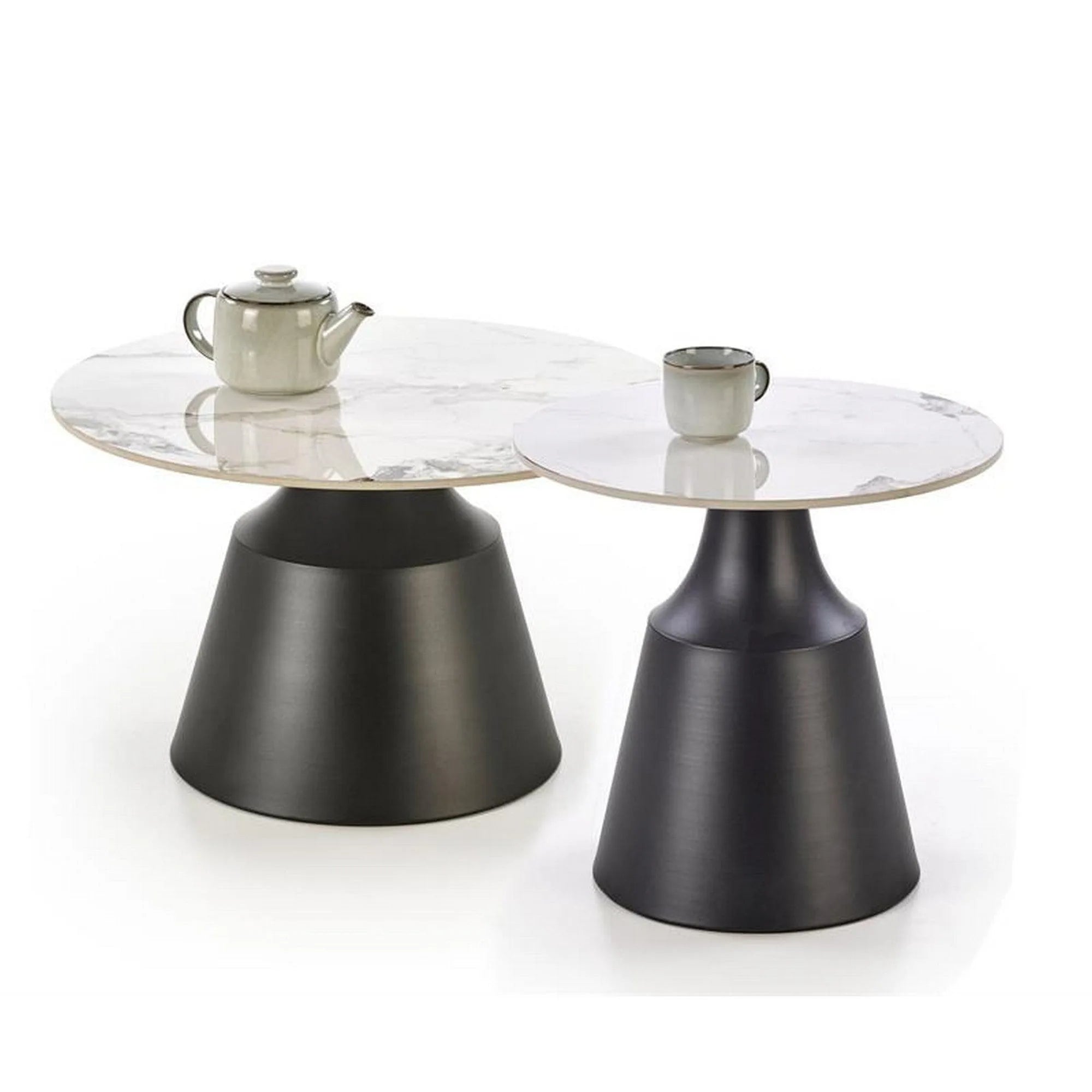 Set 2 masute cafea MAGNETA, alb cu efect de marmura/negru, piatra sinterizata/otel