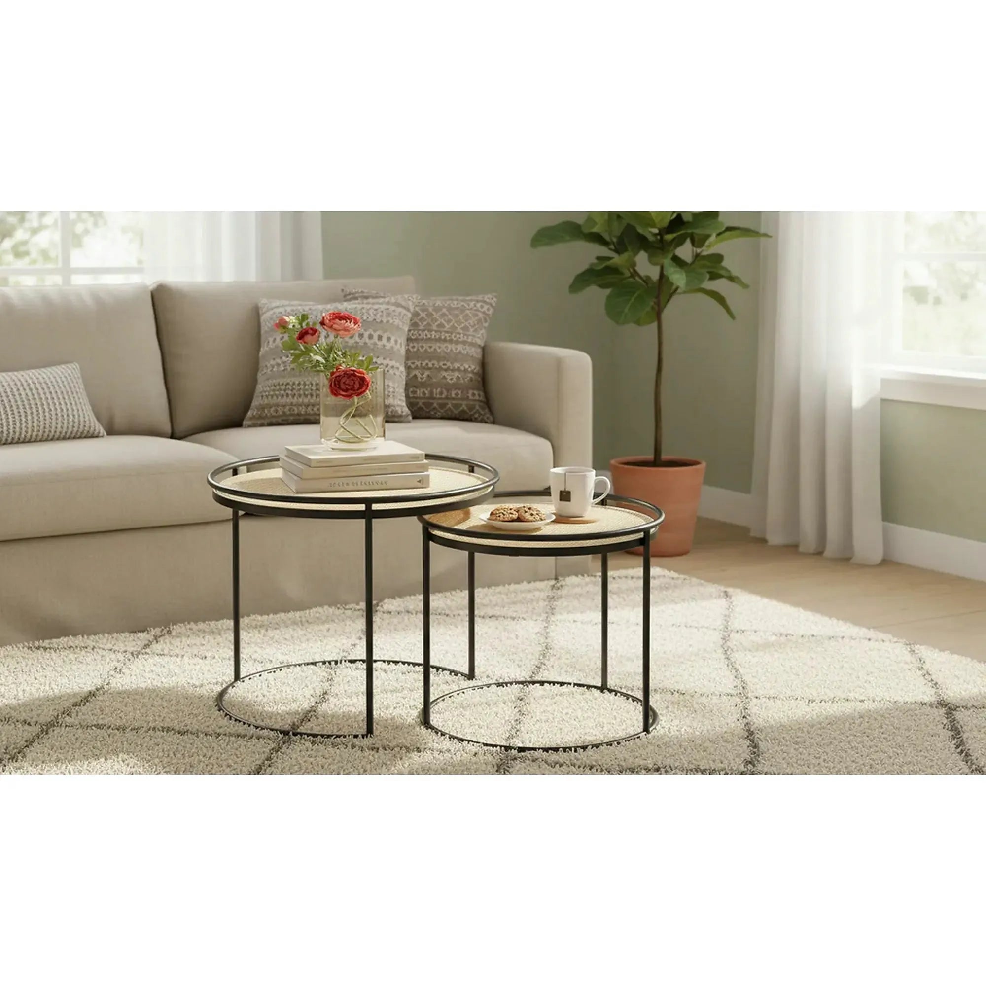 Set 2 masute cafea MANADO, stejar/negru, ratan natural/otel