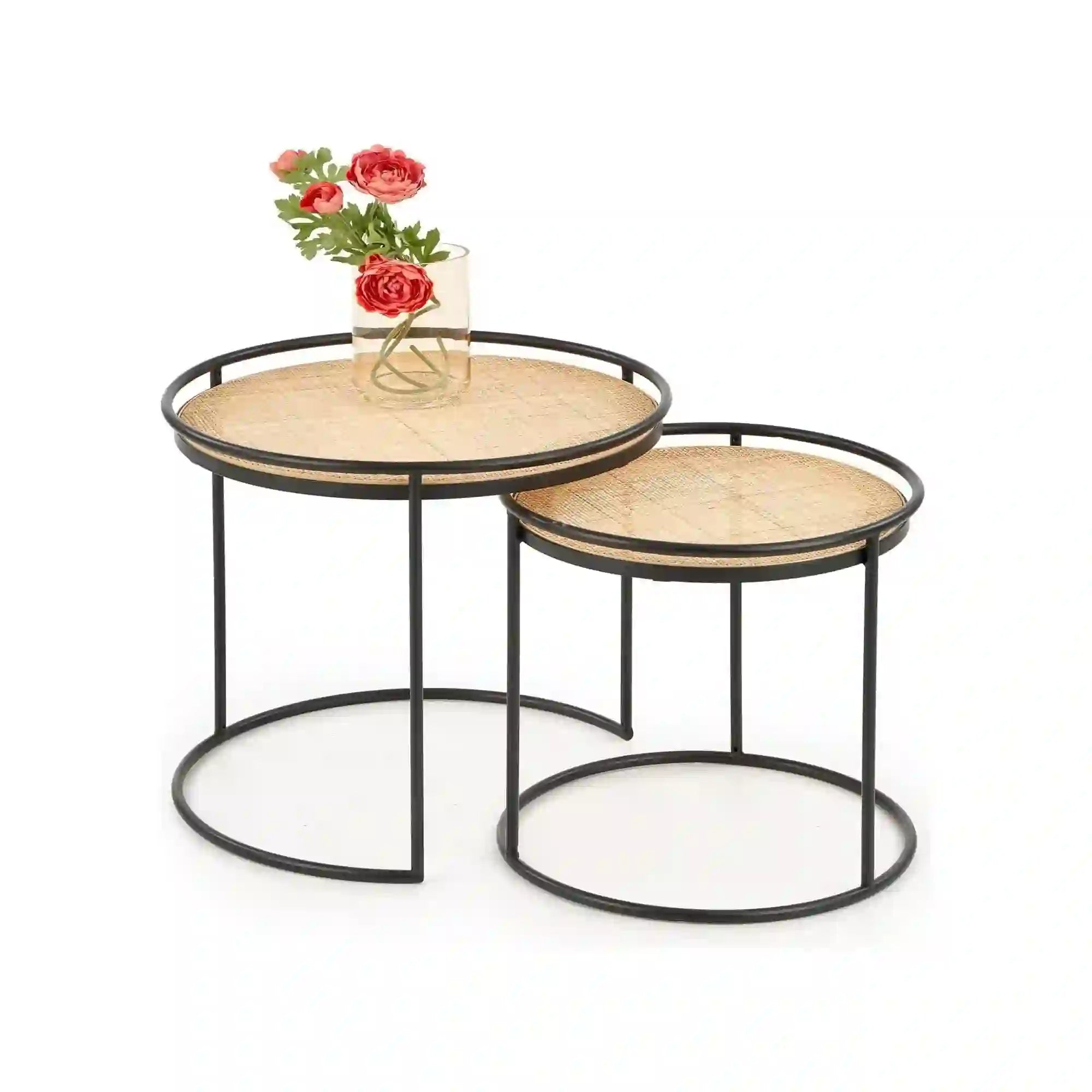 Set 2 masute cafea MANADO, stejar/negru, ratan natural/otel