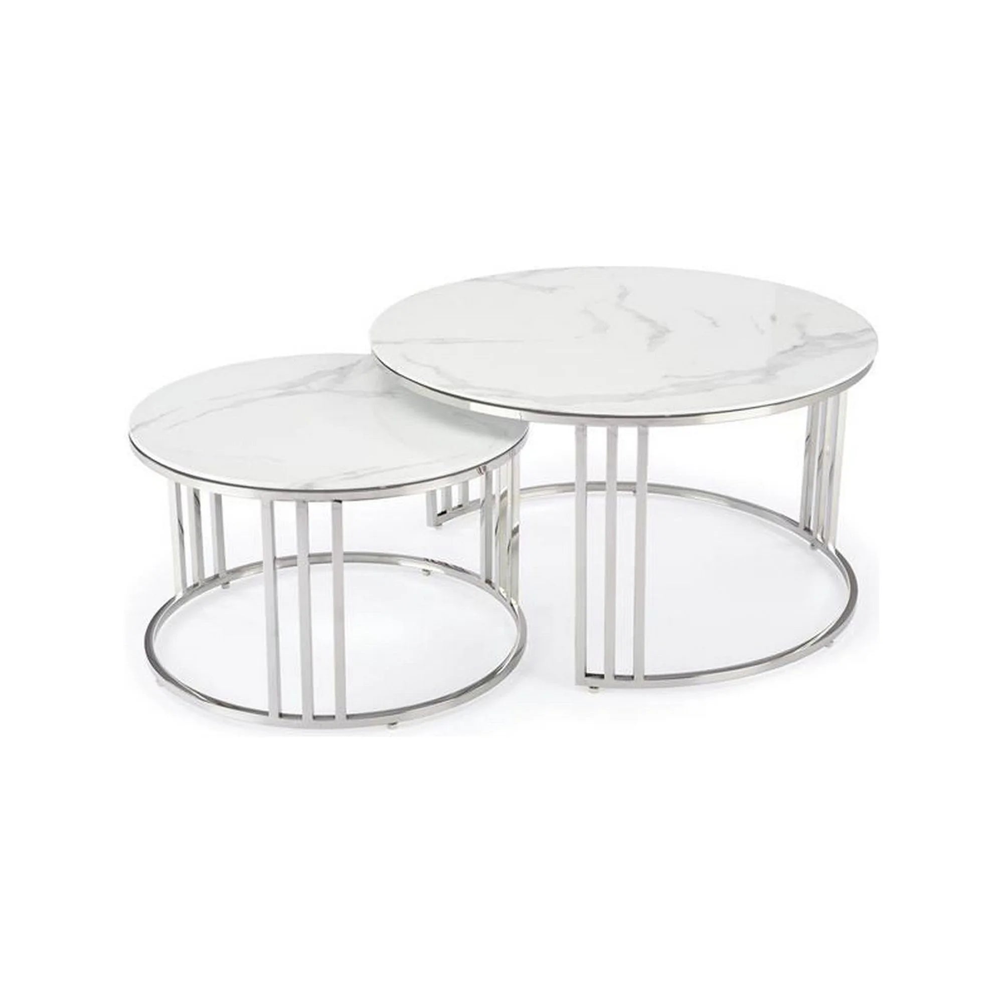 Set 2 masute cafea MERCURY 2, alb cu efect de marmura/crom, sticla/otel