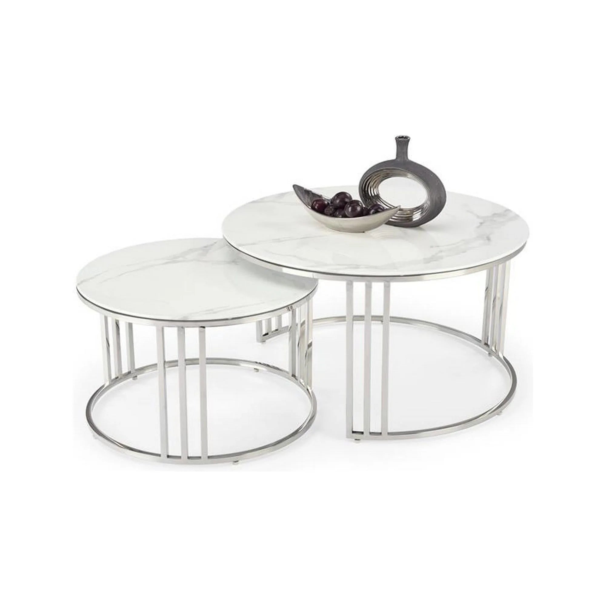 Set 2 masute cafea MERCURY 2, alb cu efect de marmura/crom, sticla/otel