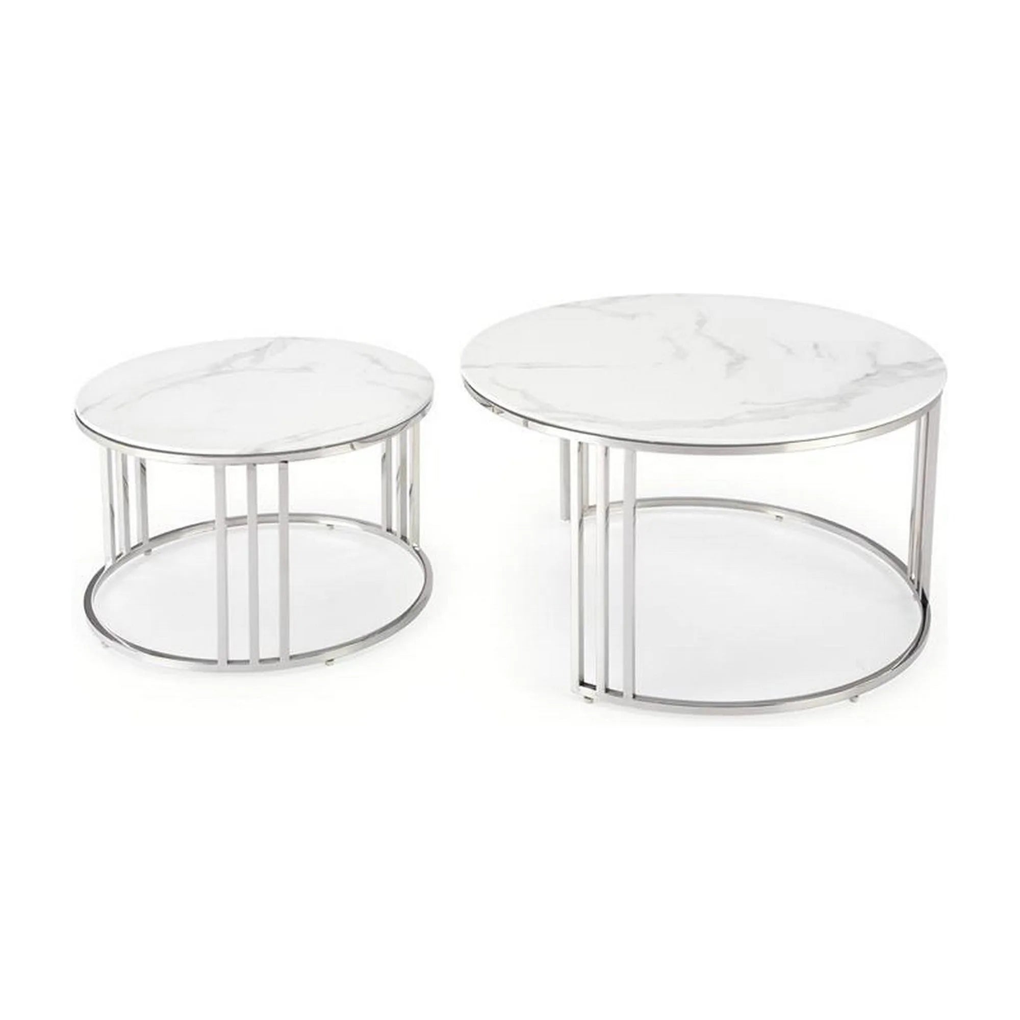 Set 2 masute cafea MERCURY 2, alb cu efect de marmura/crom, sticla/otel