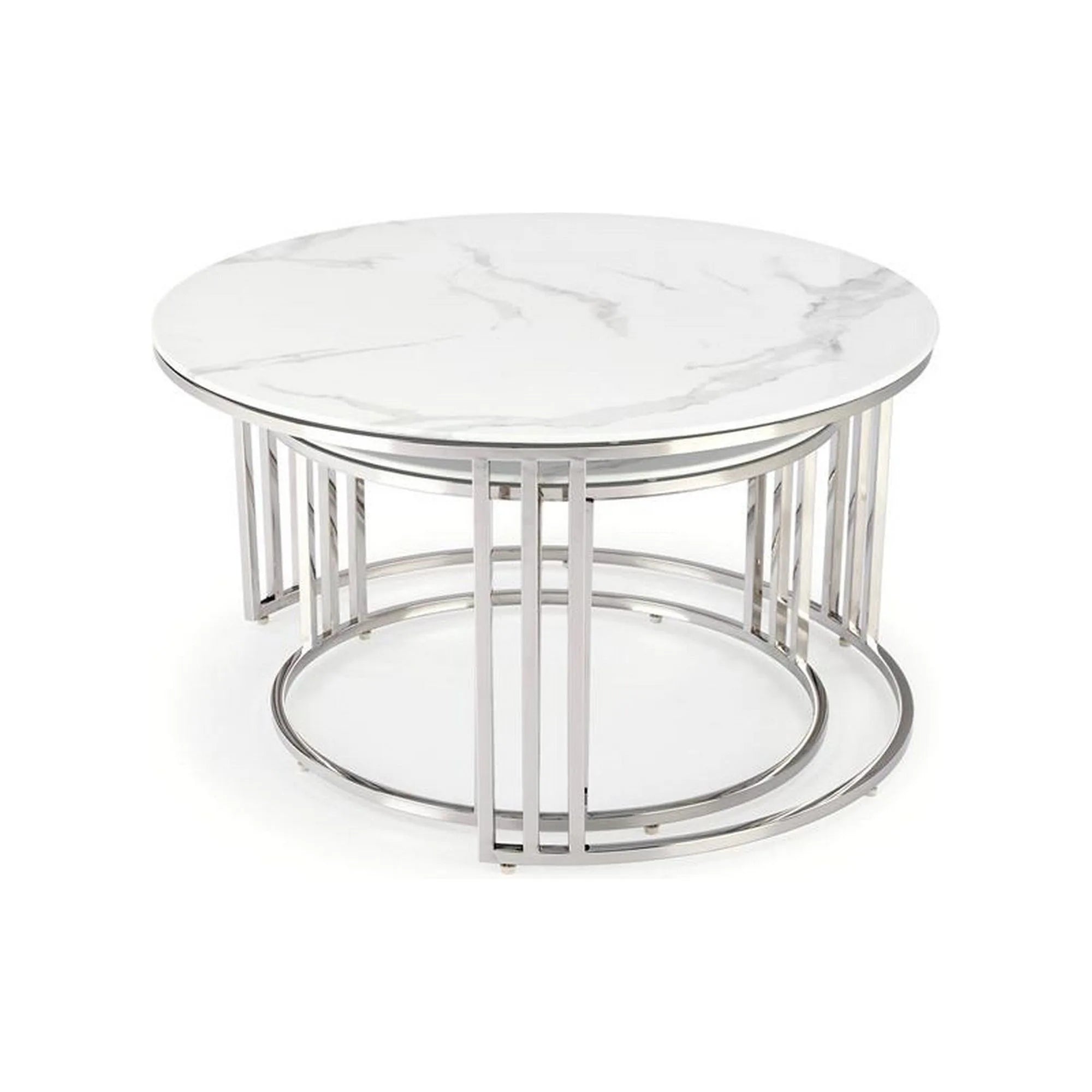 Set 2 masute cafea MERCURY 2, alb cu efect de marmura/crom, sticla/otel