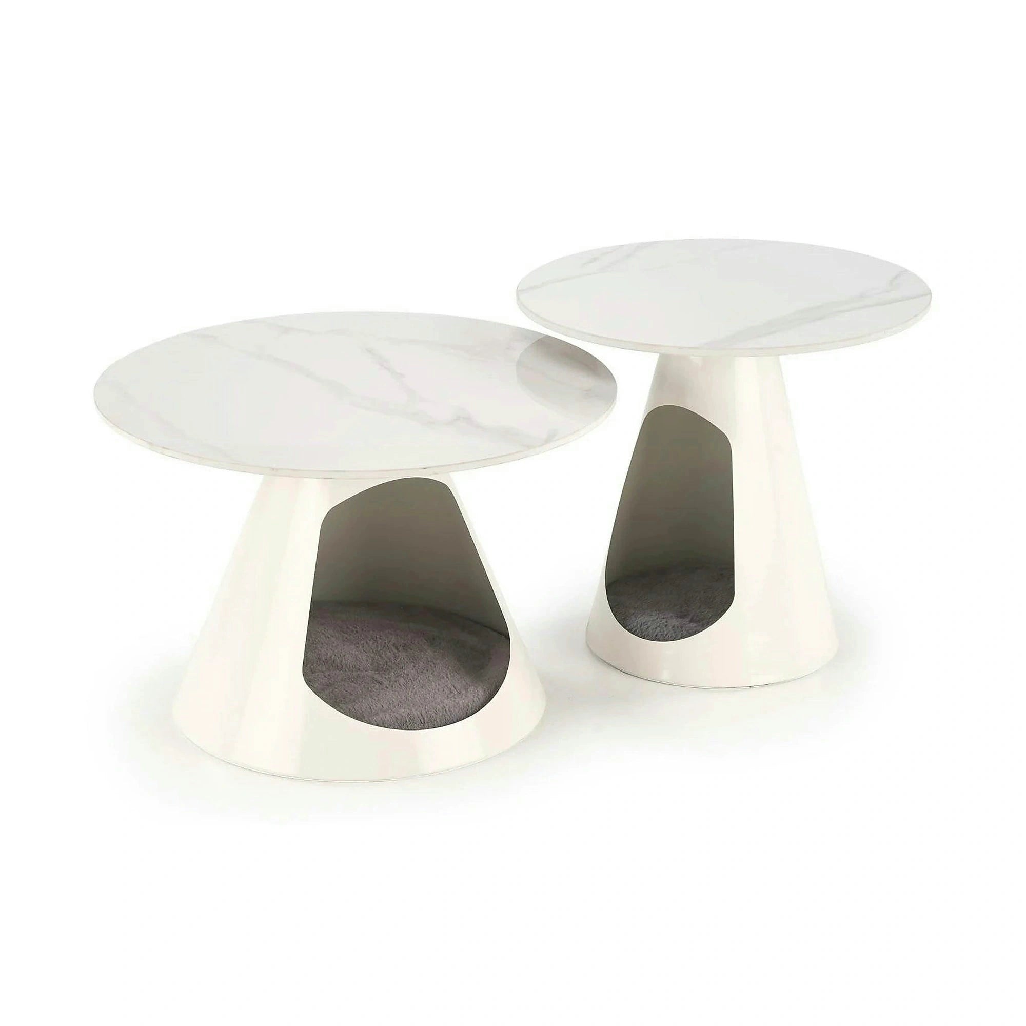 Set 2 masute cafea OSARIO, alb cu efect de marmura, ceramica/metal