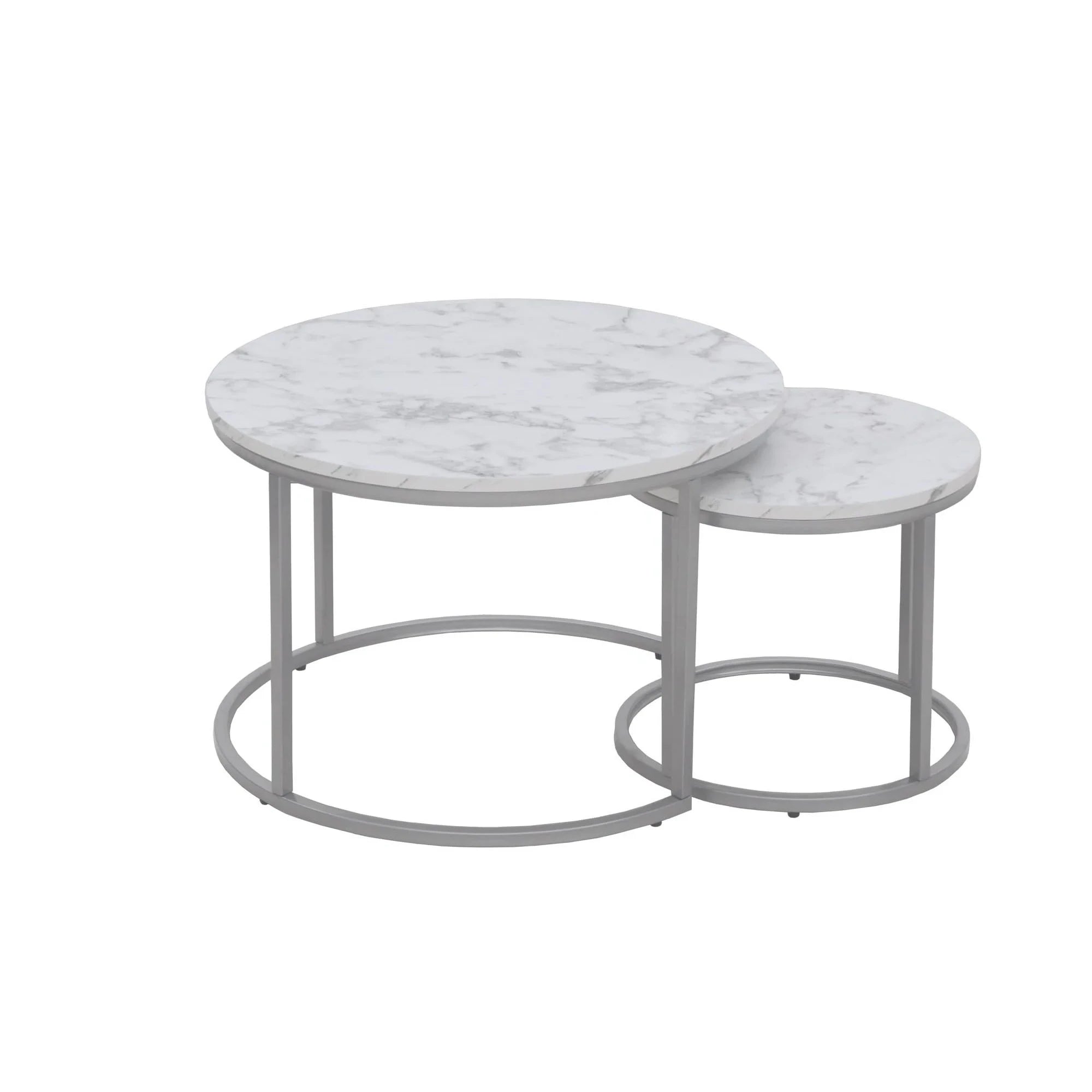 Set masute cafea rotunde PAOLA, alb cu efect de marmura/argintiu