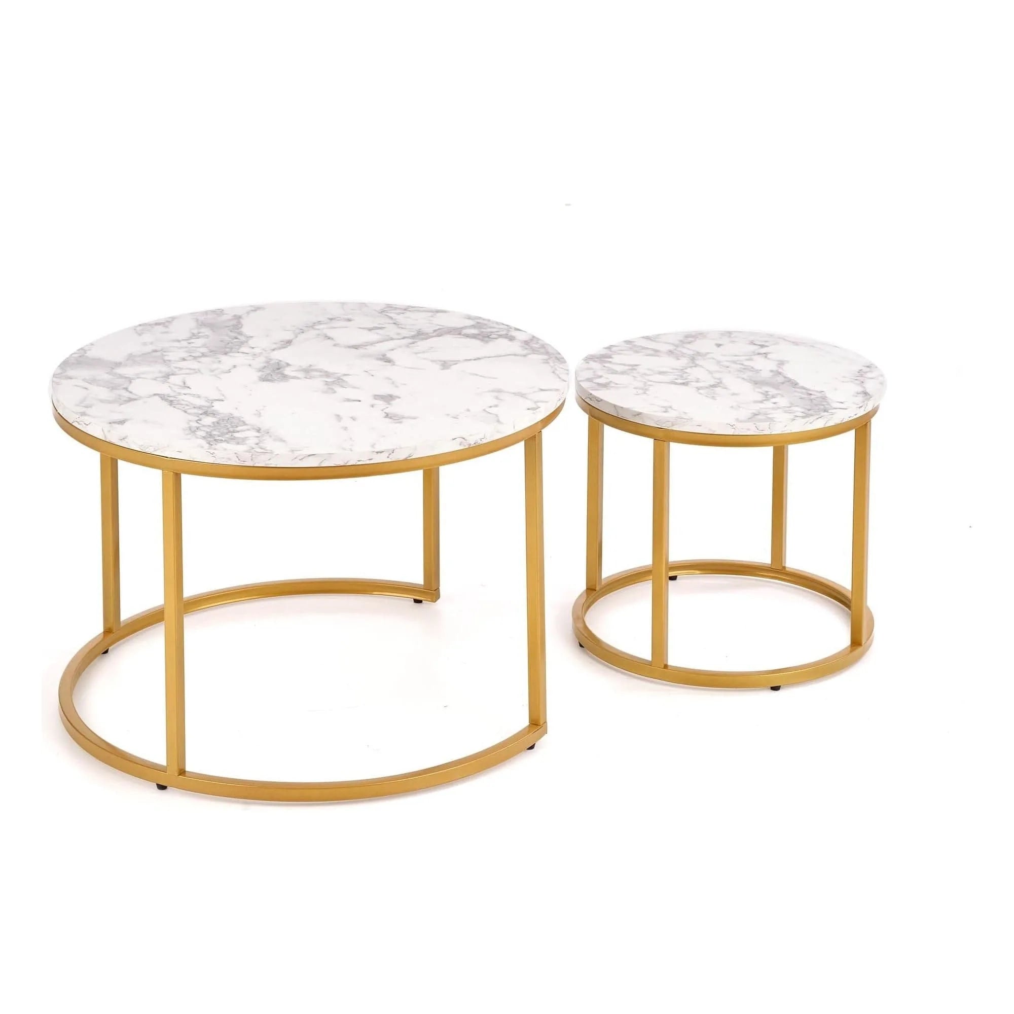 Set 2 masute cafea PAOLA, alb cu efect de marmura/auriu