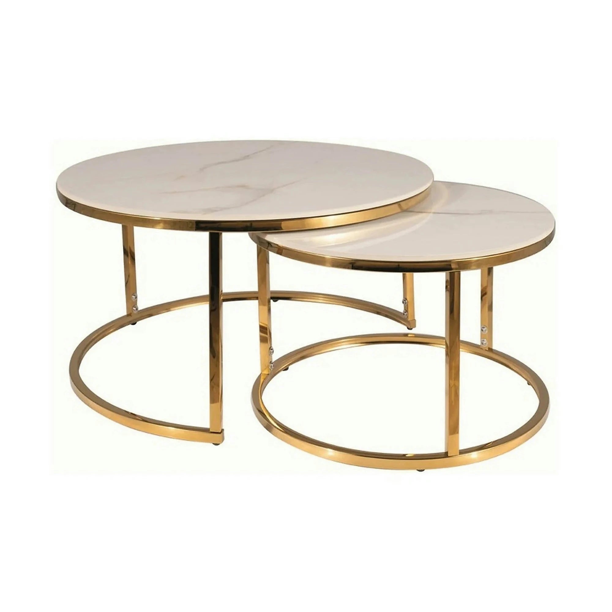 Set 2 masute cafea PORTAFINO A, alb cu efect de marmura/auriu, ceramica/metal, 60/45