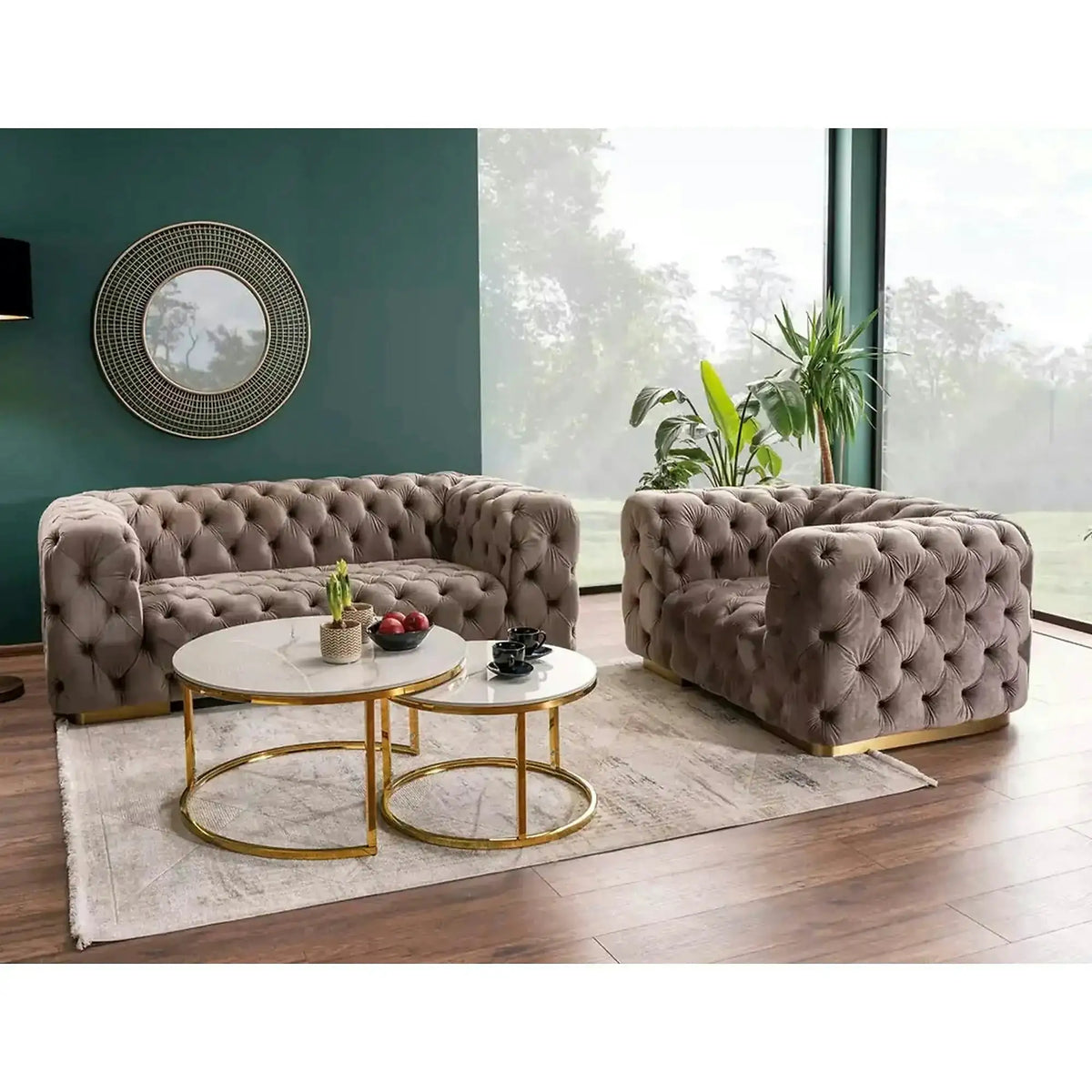 Set 2 masute cafea PORTAFINO A, alb cu efect de marmura/auriu, ceramica/metal, 60/45