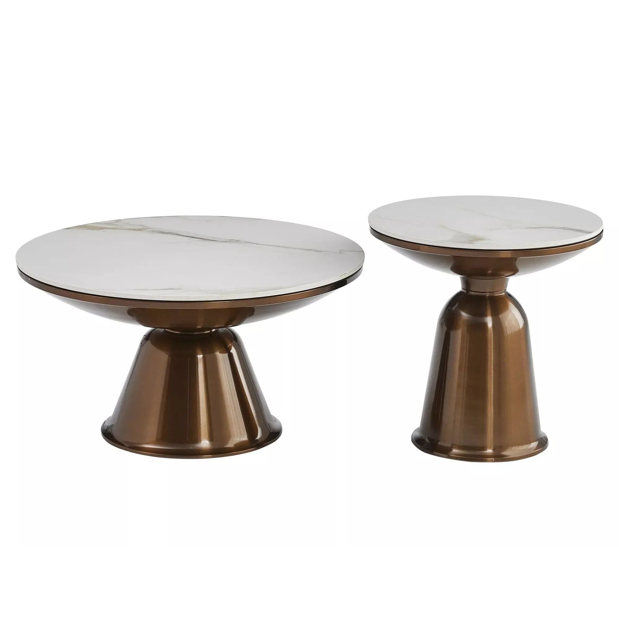 Set 2 masute cafea VERA, alb cu efect de marmura/cupru, ceramica/metal