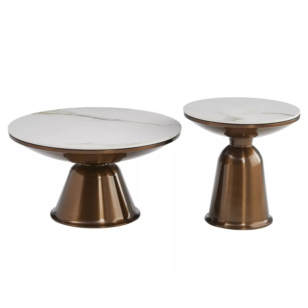 Set 2 masute cafea VERA, alb cu efect de marmura/cupru, ceramica/metal