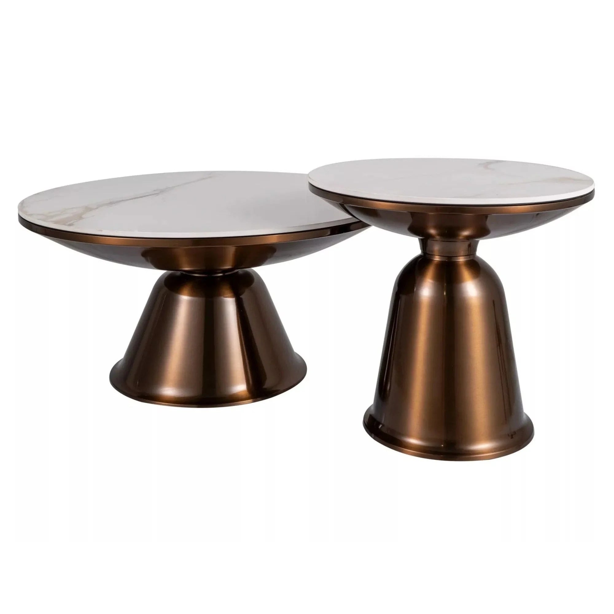 Set 2 masute cafea VERA, alb cu efect de marmura/cupru, ceramica/metal