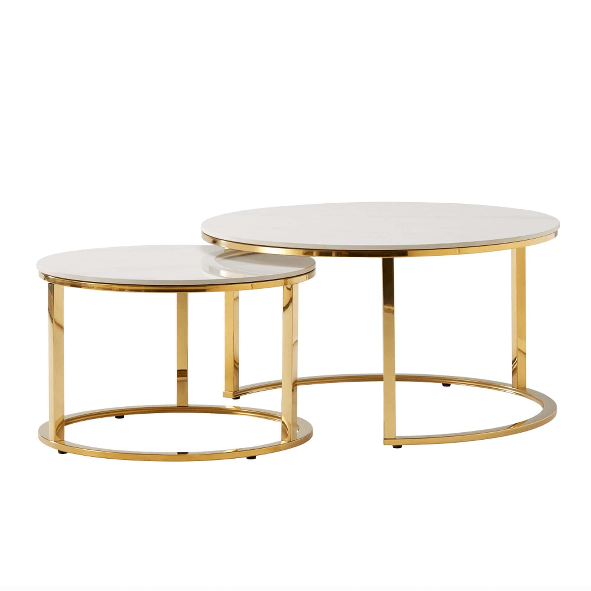 Set 2 masute DEVNET 2 NEW, alb cu efect de marmura/auriu, ceramica/otel