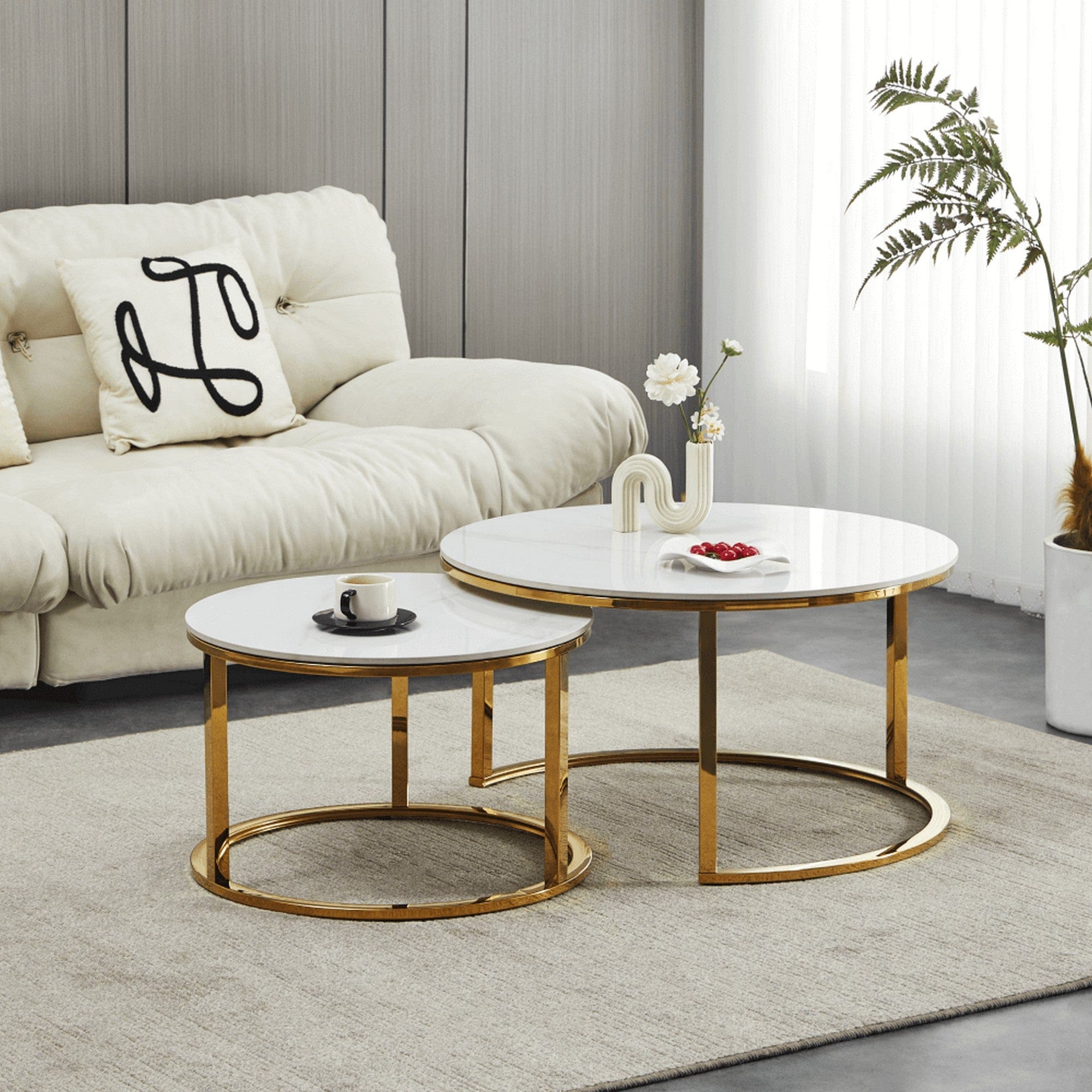 Set 2 masute DEVNET 2 NEW, alb cu efect de marmura/auriu, ceramica/otel