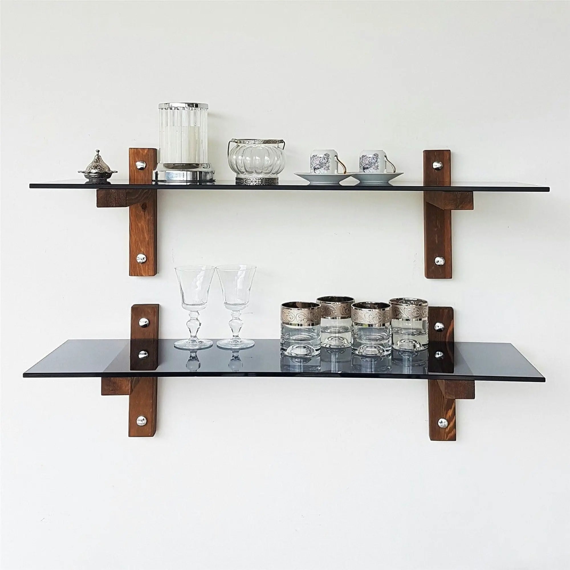 Set 2 polite R202, fumuriu/nuc, sticla/lemn de pin, 85x25x25 cm