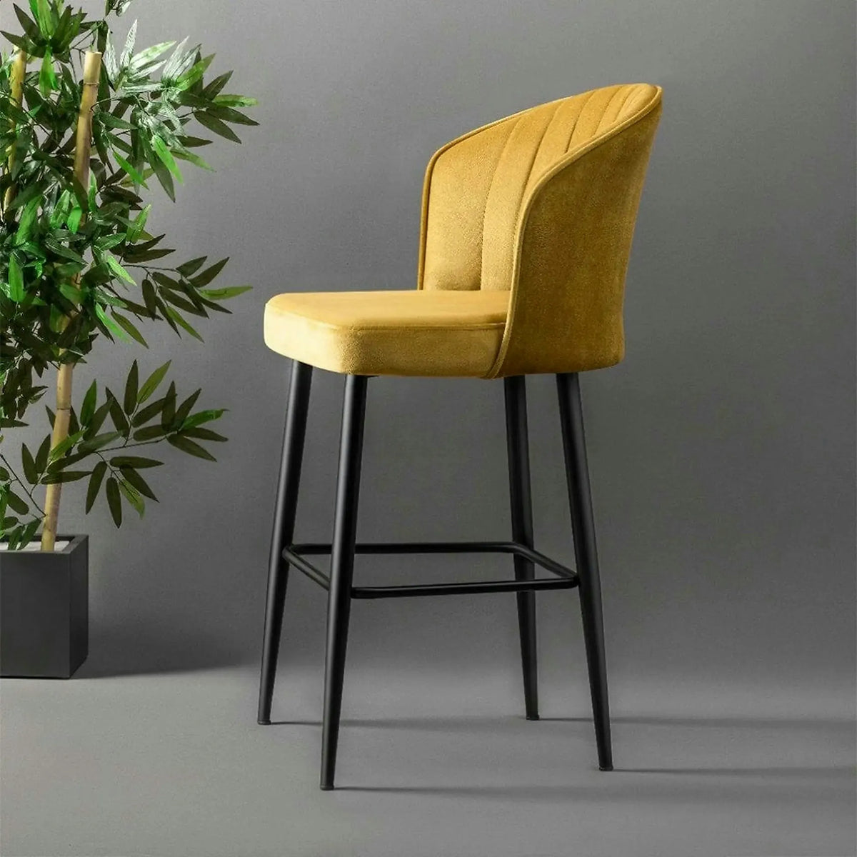 Set 2 scaune bar RUBI, galben/negru, stofa catifelata/metal, 52x42x97 cm