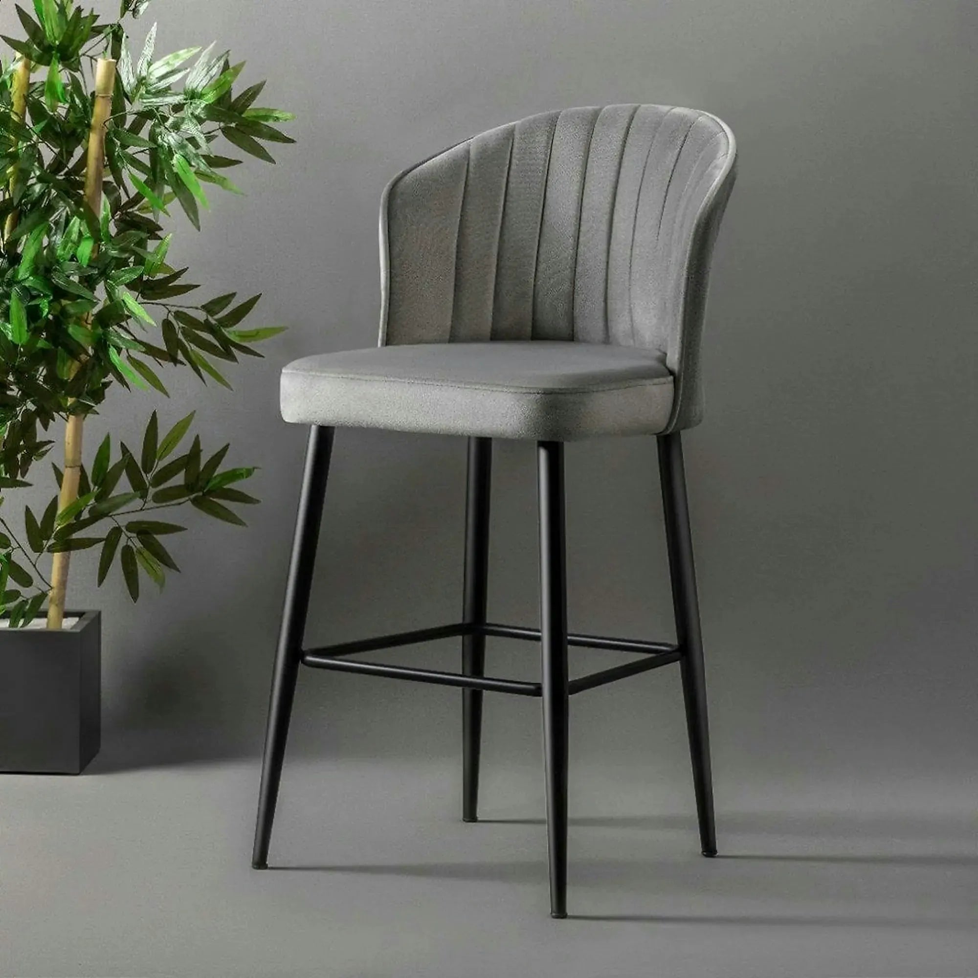 Set 2 scaune bar RUBI, gri/negru, stofa catifelata/metal, 52x42x97 cm
