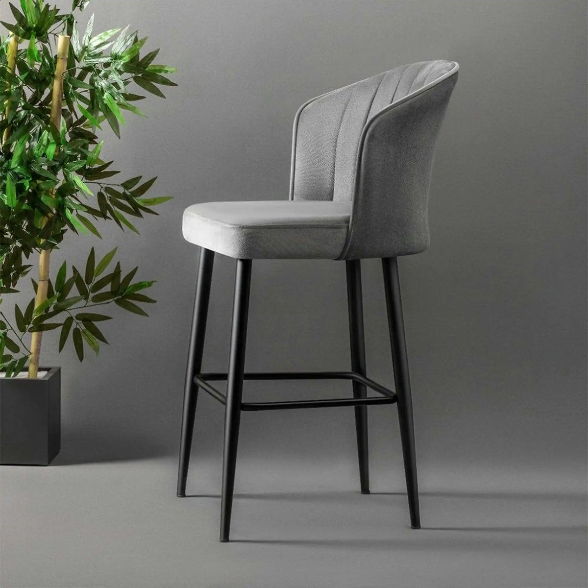 Set 2 scaune bar RUBI, gri/negru, stofa catifelata/metal, 52x42x97 cm