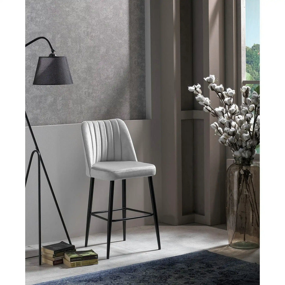 Set 2 scaune bar VENTO, crem/negru, stofa catifelata/metal, 49x45x99 cm