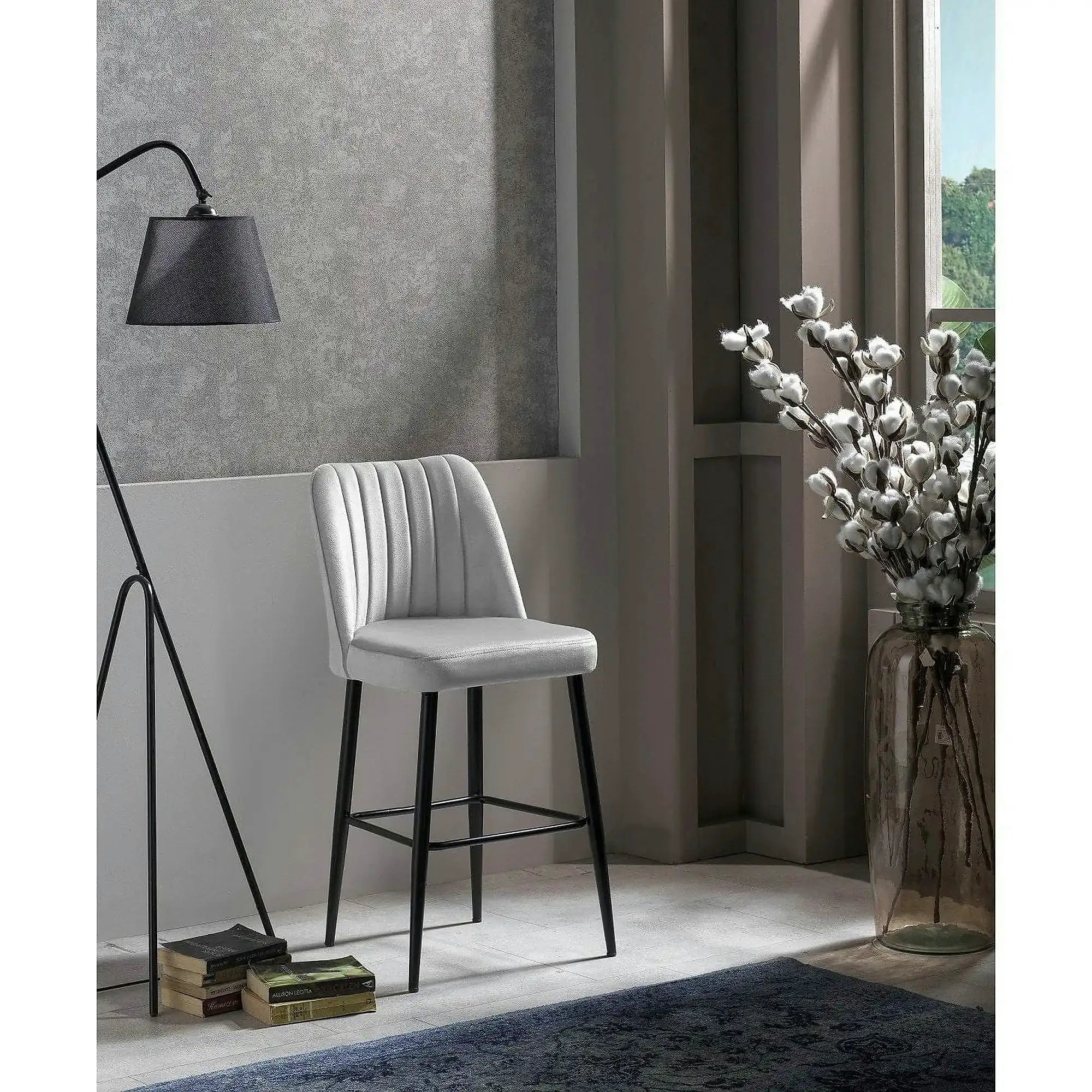 Set 2 scaune bar VENTO, crem/negru, stofa catifelata/metal, 49x45x99 cm