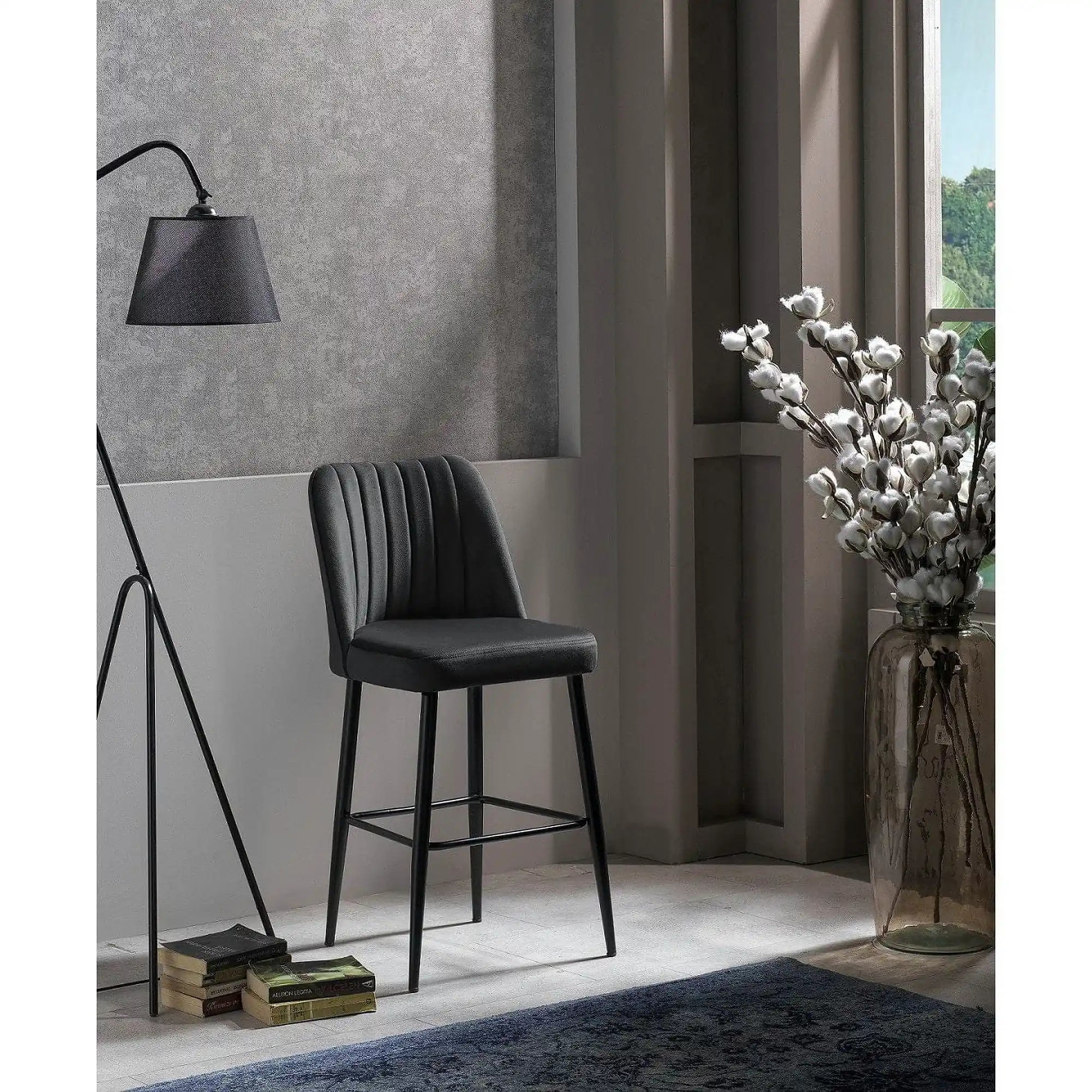 Set 2 scaune bar VENTO, gri antracit/negru, stofa catifelata/metal, 49x45x99 cm