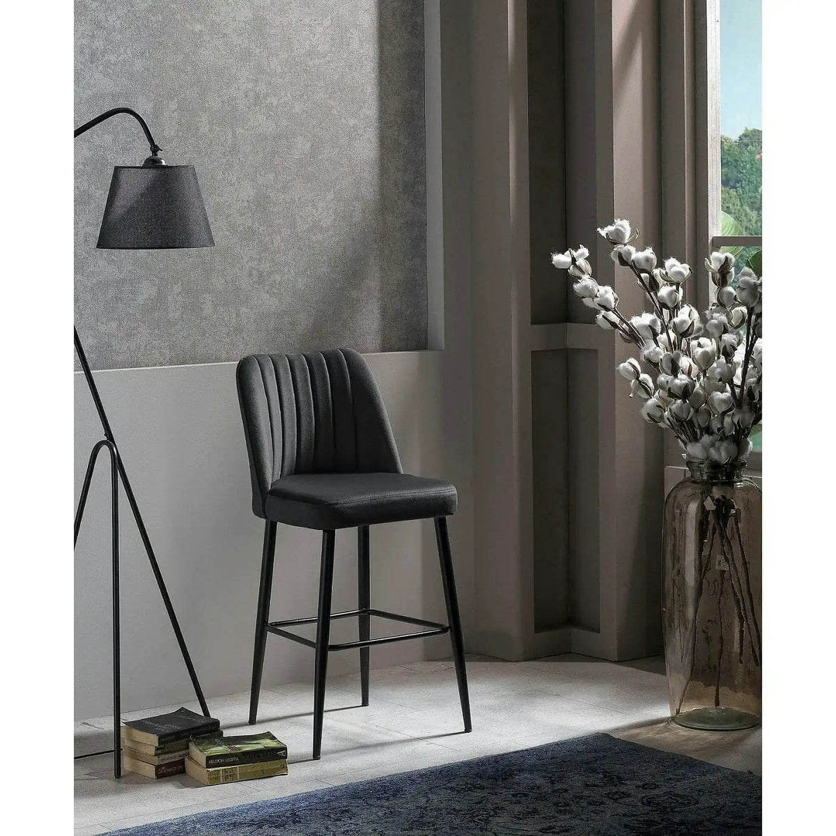Set 2 scaune bar VENTO, gri antracit/negru, stofa catifelata/metal, 49x45x99 cm