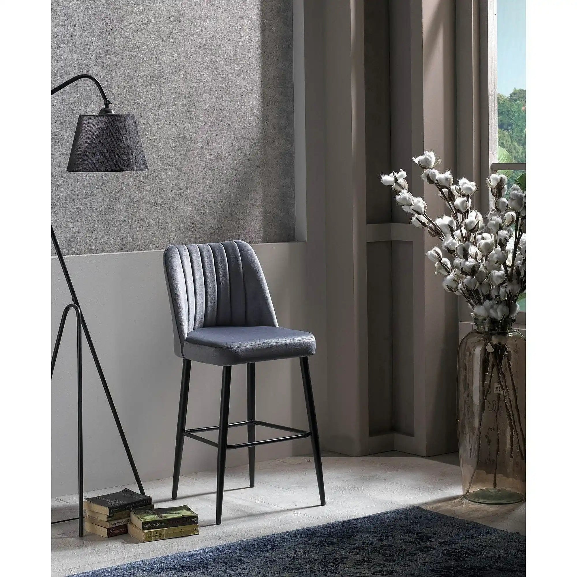 Set 2 scaune bar VENTO, gri/negru, stofa catifelata/metal, 49x45x99 cm