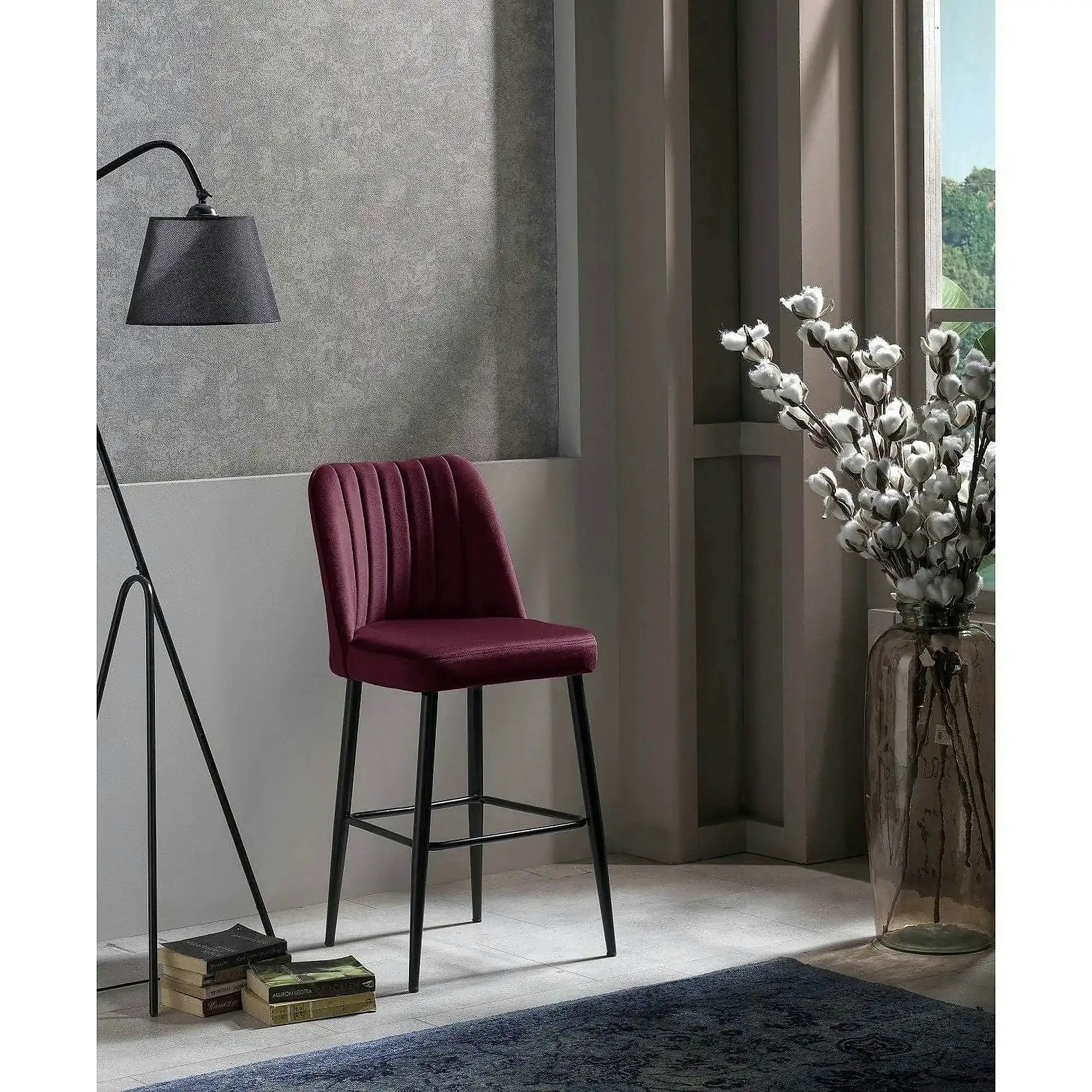 Set 2 scaune bar VENTO, rosu/negru, stofa catifelata/metal, 49x45x99 cm