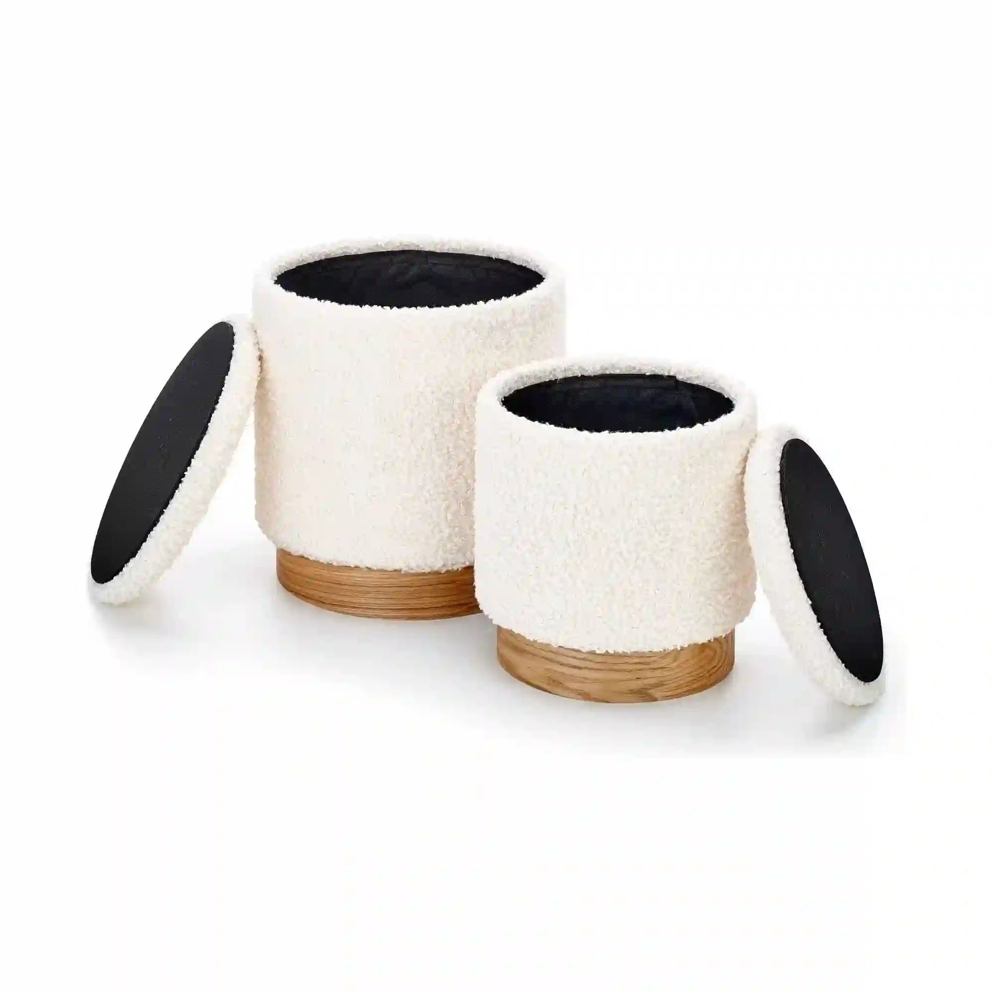 Set 2 tabureti CANCUN, crem/stejar, stofa buclata/placaj indoit, cu spatiu depozitare