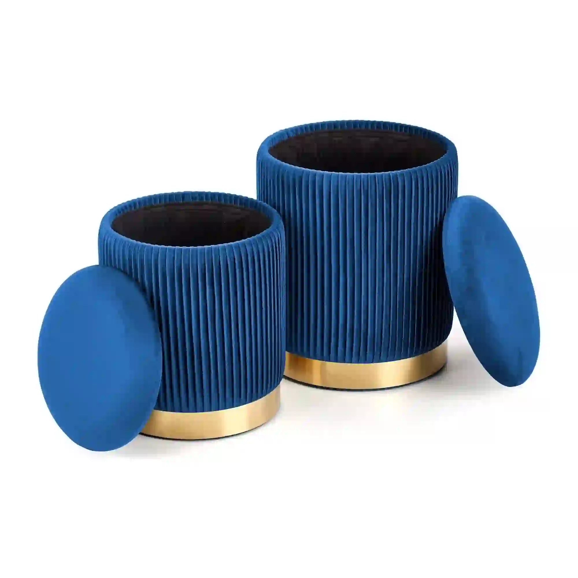 Set 2 tabureti MONTY, stofa catifelata, albastru marin, cu spatiu depozitare