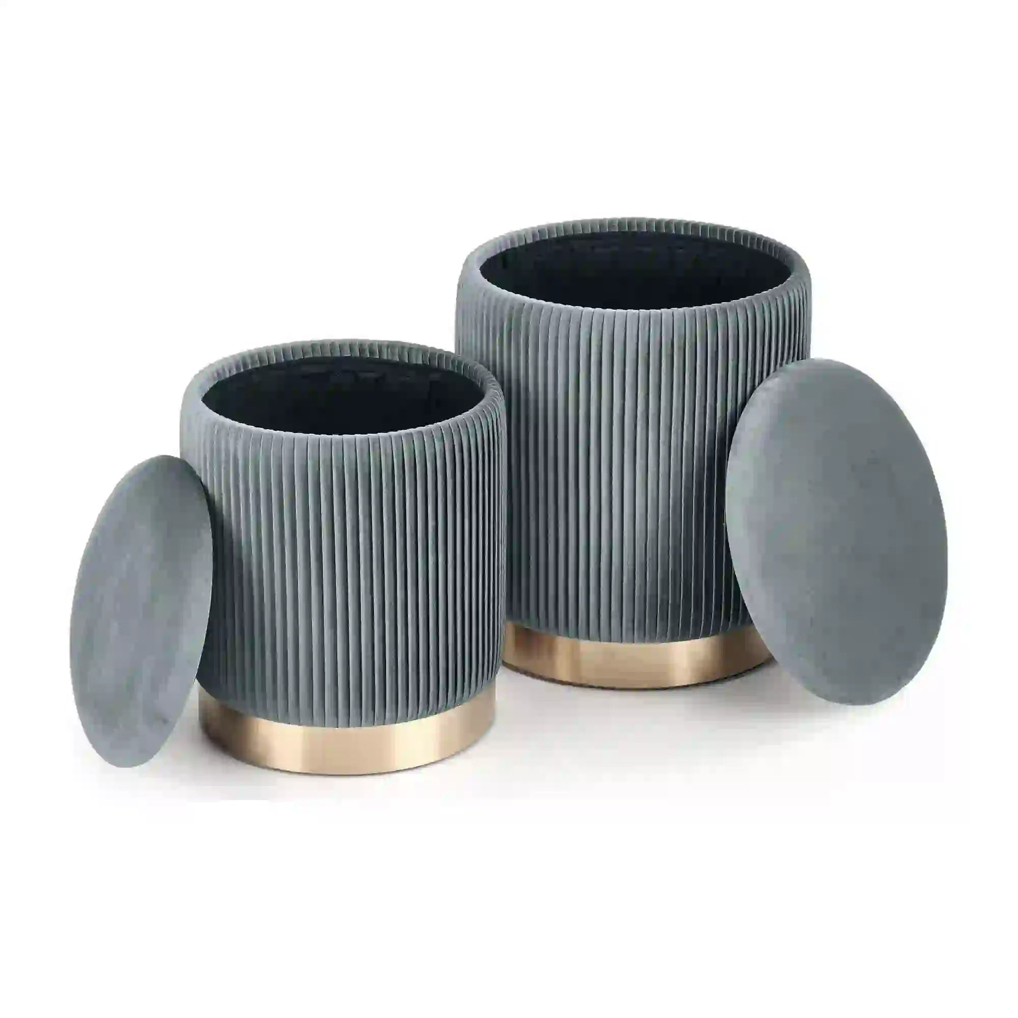 Set 2 tabureti MONTY, stofa catifelata, gri, cu spatiu depozitare