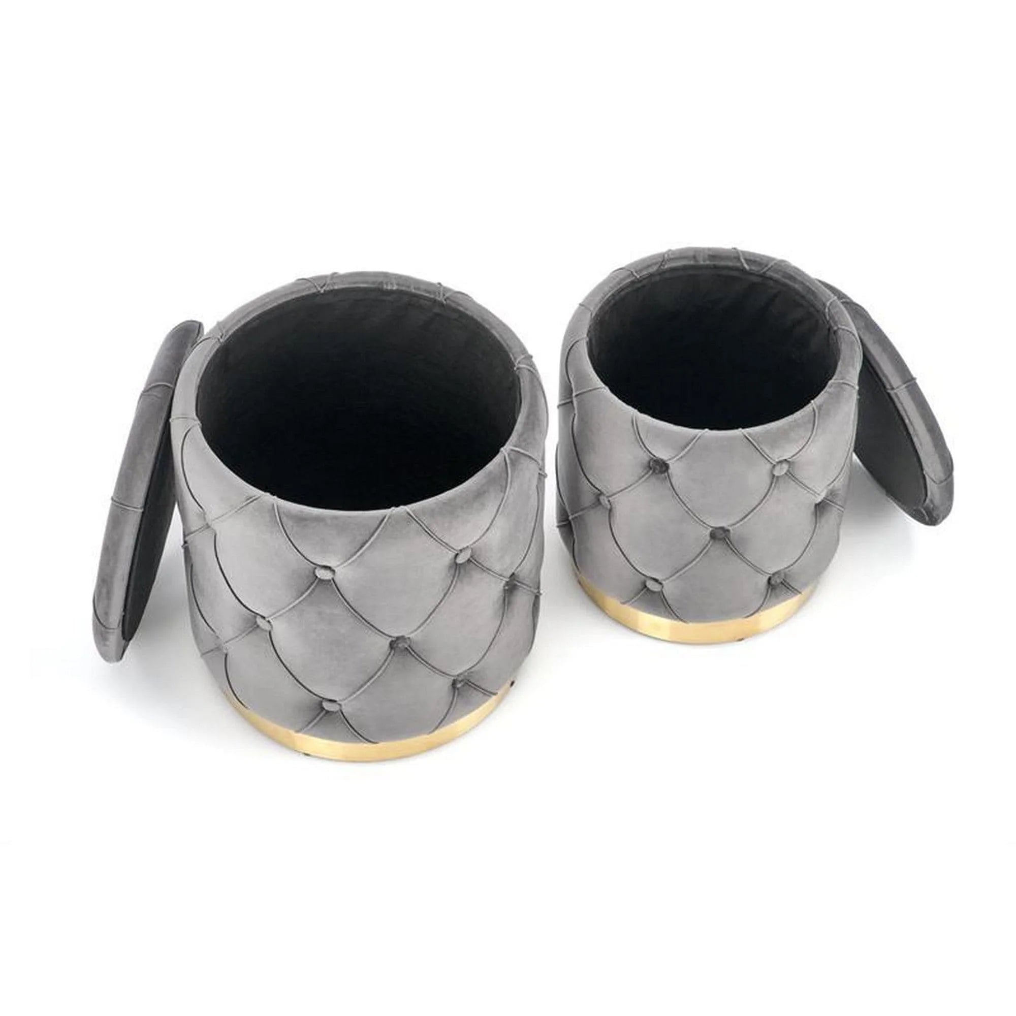 Set 2 tabureti POLLY, stofa catifelata, gri, cu spatiu depozitare