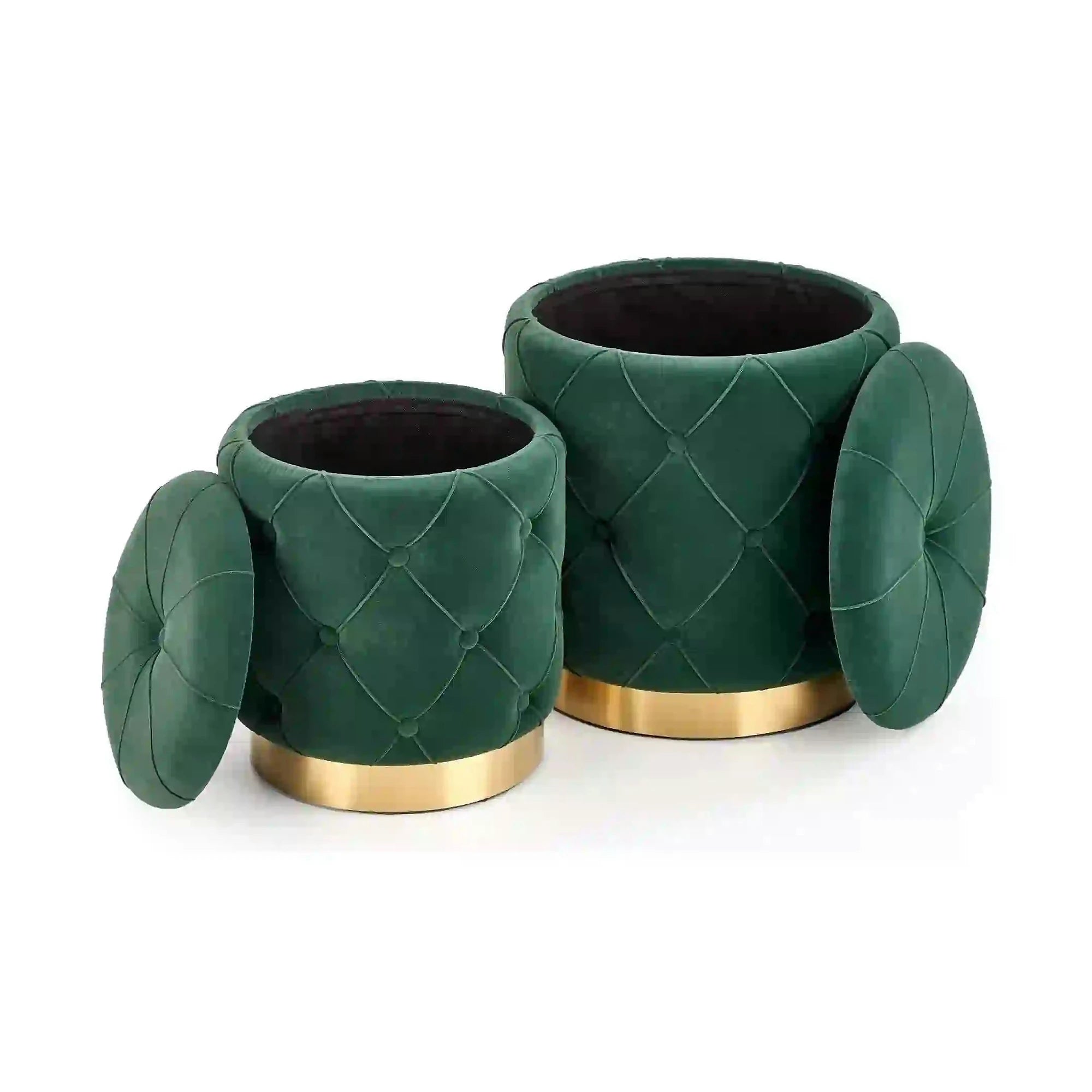Set 2 tabureti POLLY, stofa catifelata, verde inchis, cu spatiu depozitare