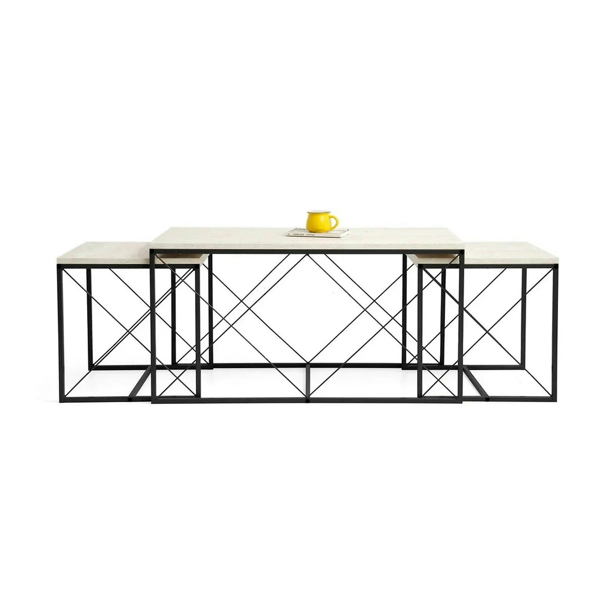 Set 3 masute cafea DEFNE, bej cu efect de marmura/negru, PAL melaminat/metal