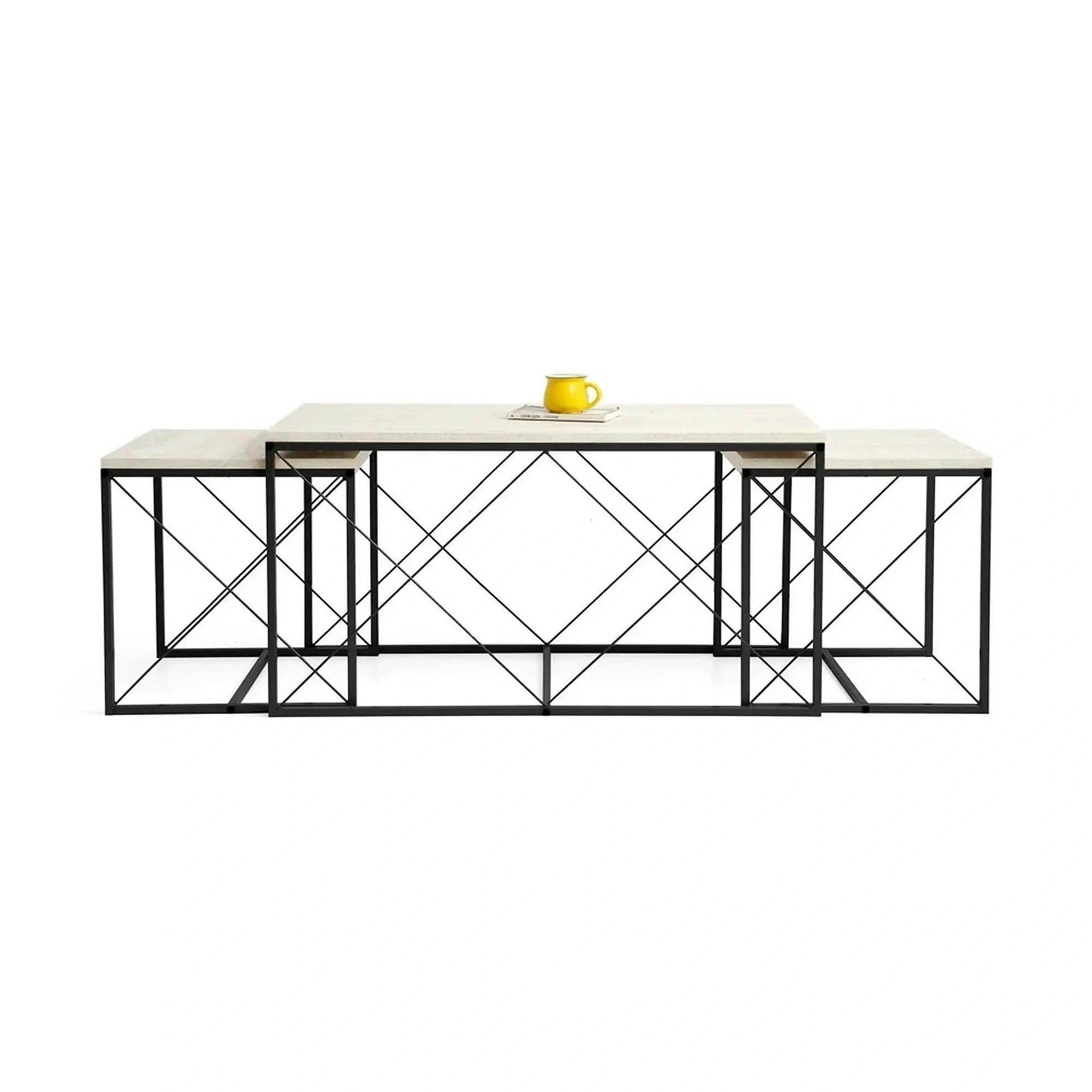 Set 3 masute cafea DEFNE, bej cu efect de marmura/negru, PAL melaminat/metal