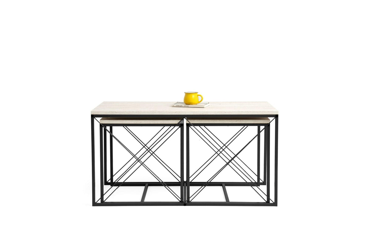 Set 3 masute cafea DEFNE, bej cu efect de marmura/negru, PAL melaminat/metal