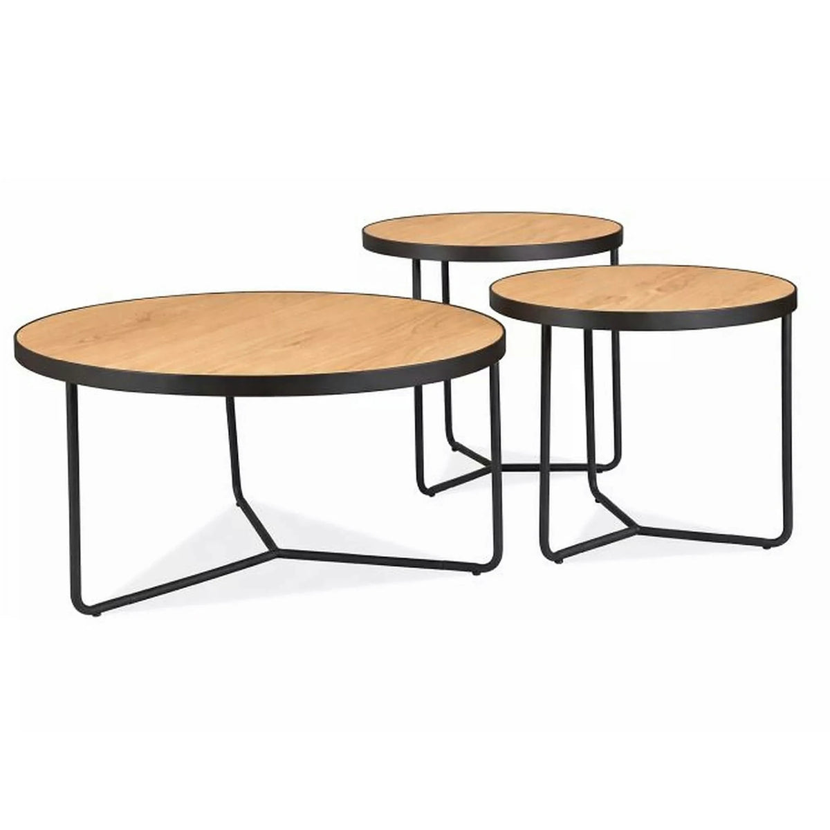 Set 3 măsuțe cafea DEMETER, stejar/negru, furnir/metal/MDF