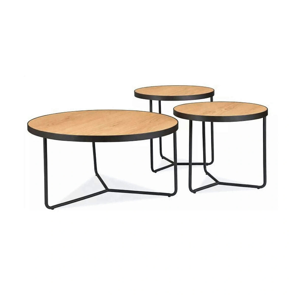 Set 3 măsuțe cafea DEMETER, stejar/negru, furnir/metal/MDF