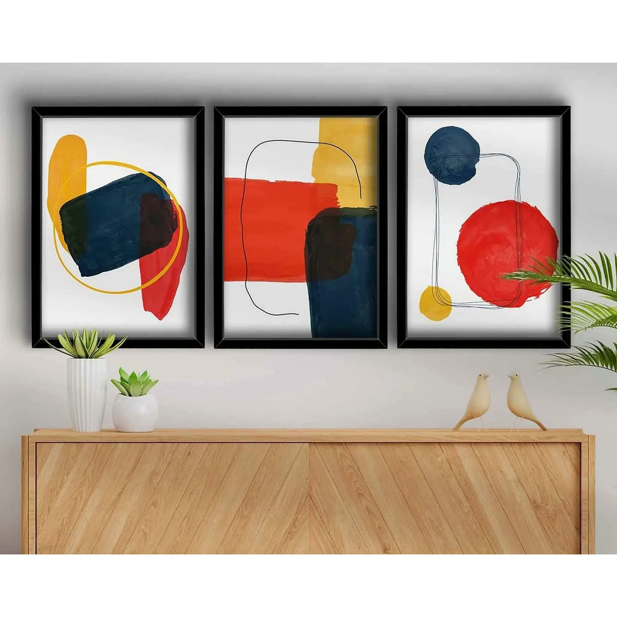 Set 3 tablouri 3P3853NISCT-005, roșu/muștar/bleumarin/alb, MDF, 38x53 cm