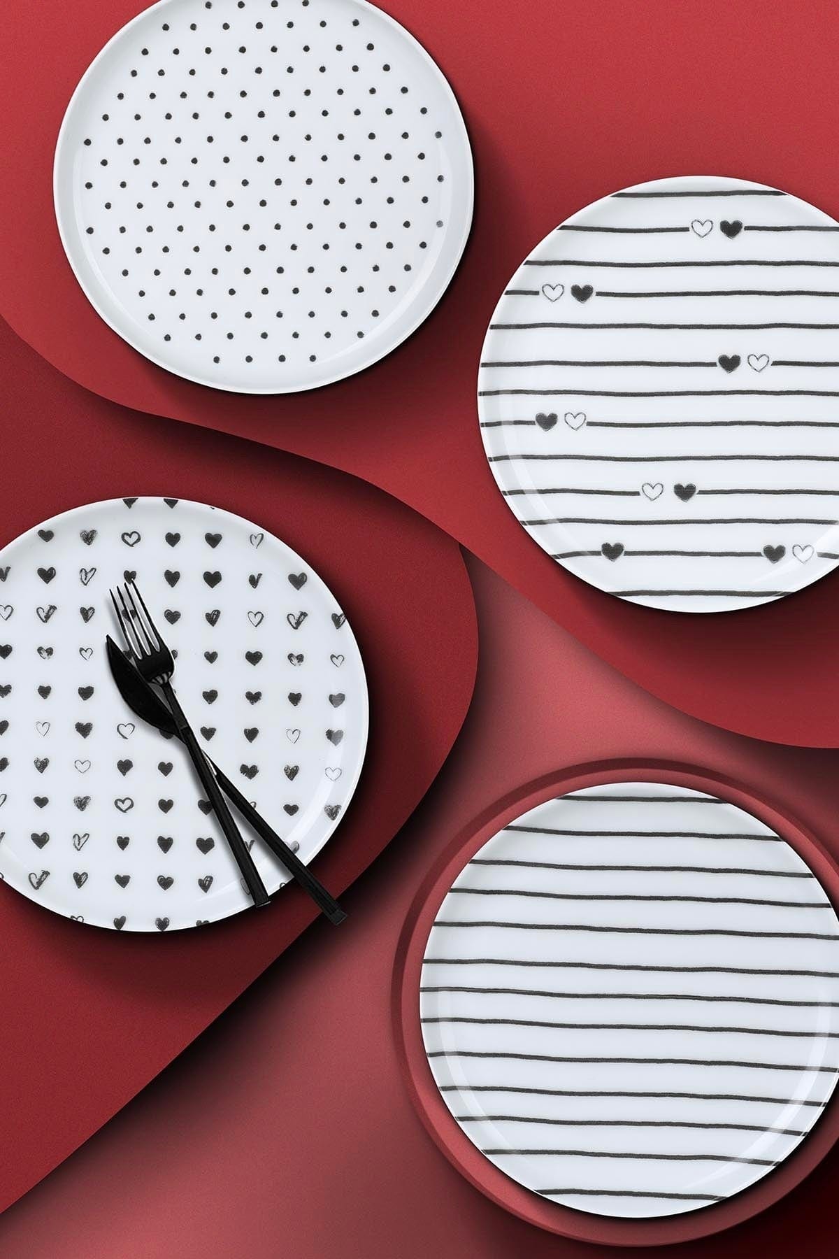 Set 4 farfurii pentru desert 710KTP3639, alb/negru, portelan, 15 cm