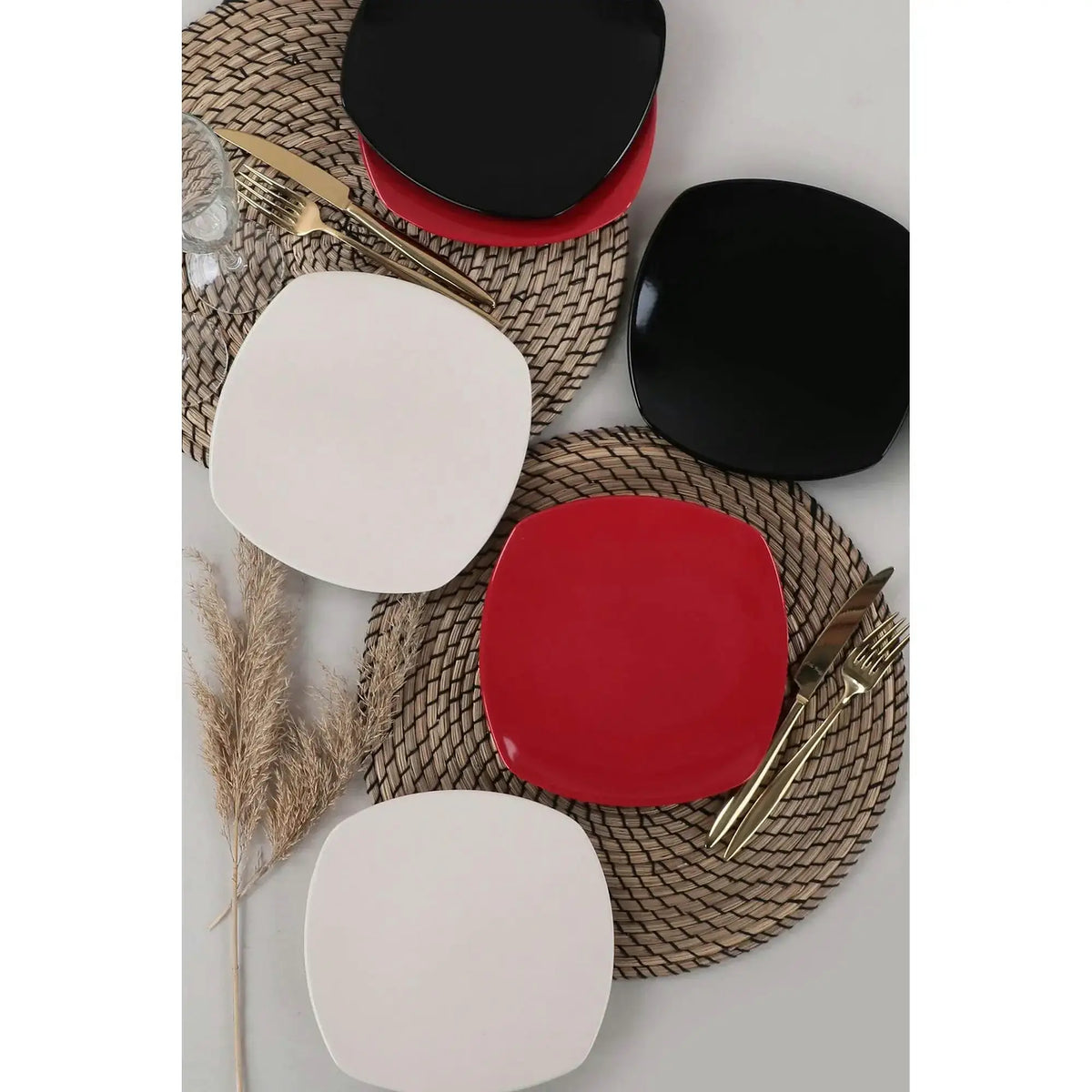 Set 6 farfurii desert 275KRM1849, alb/negru/rosu, ceramica, 22x22 cm