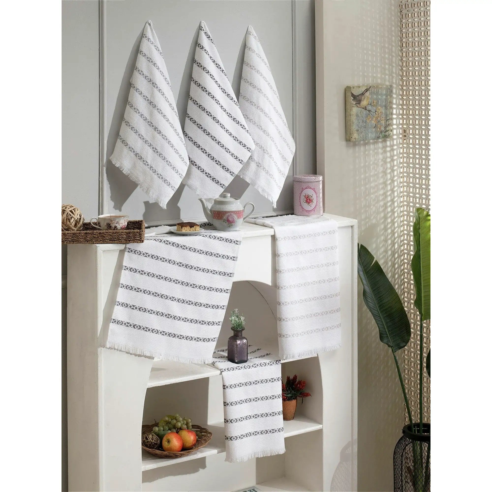 Set 6 prosoape bucatarie MOZAIK, alb/gri, bumbac, 50x70 cm