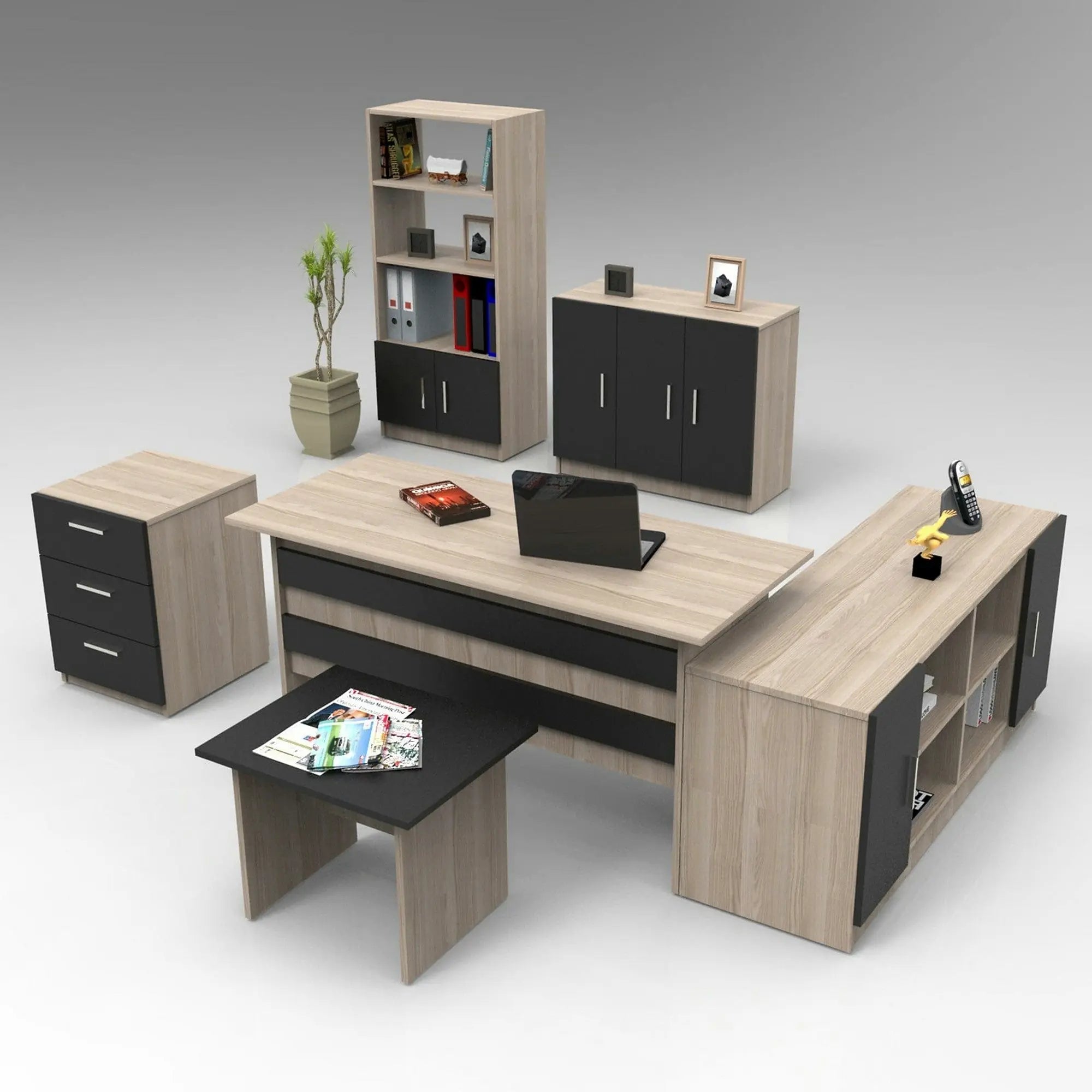 Set birou VO17 - OB, stejar/negru, PAL melaminat