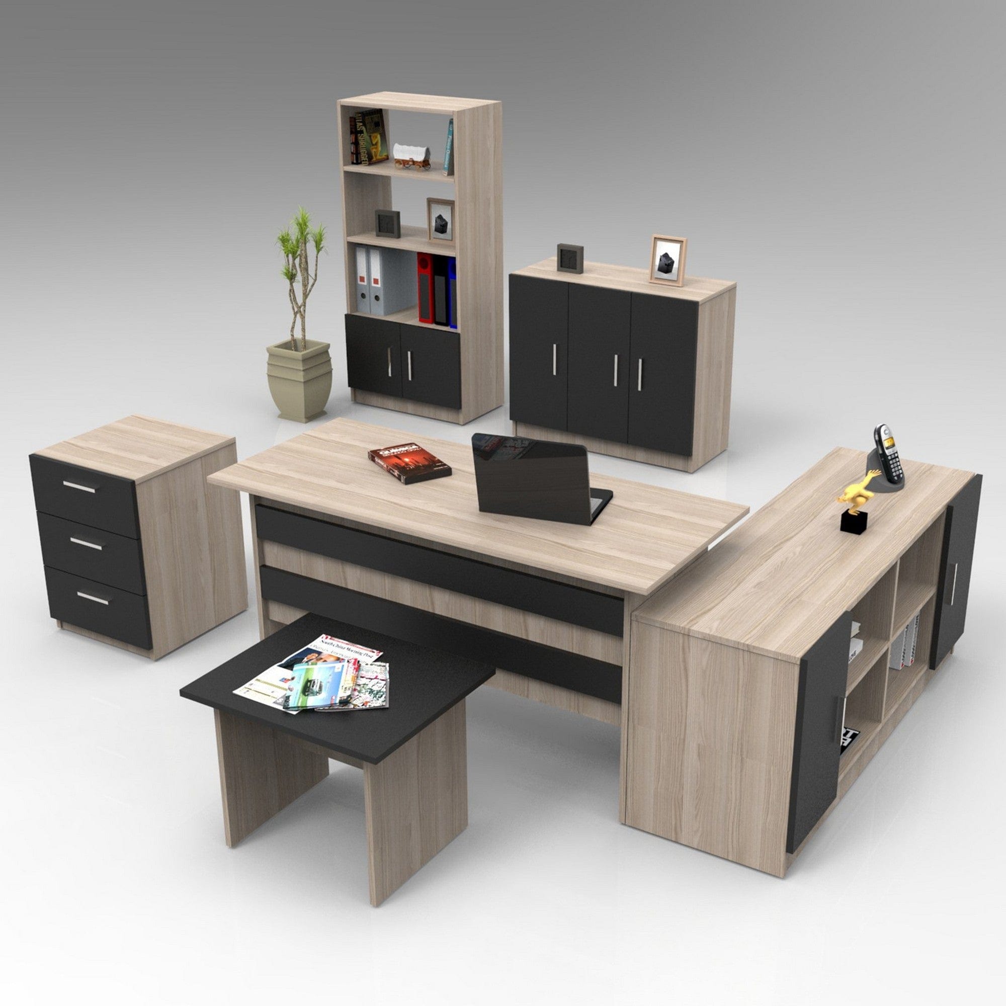Set birou VO17 - OB, stejar/negru, PAL melaminat