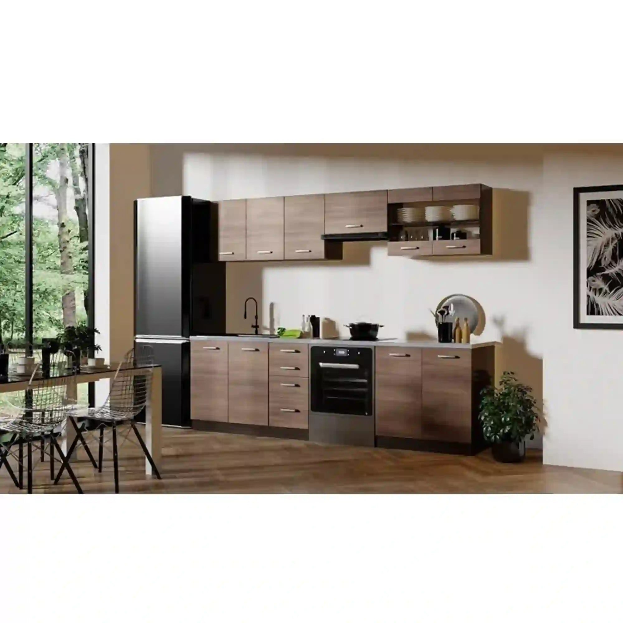 Set bucatarie AMANDA 1, stejar inchis/granit, PAL melaminat/sticla, 260 cm