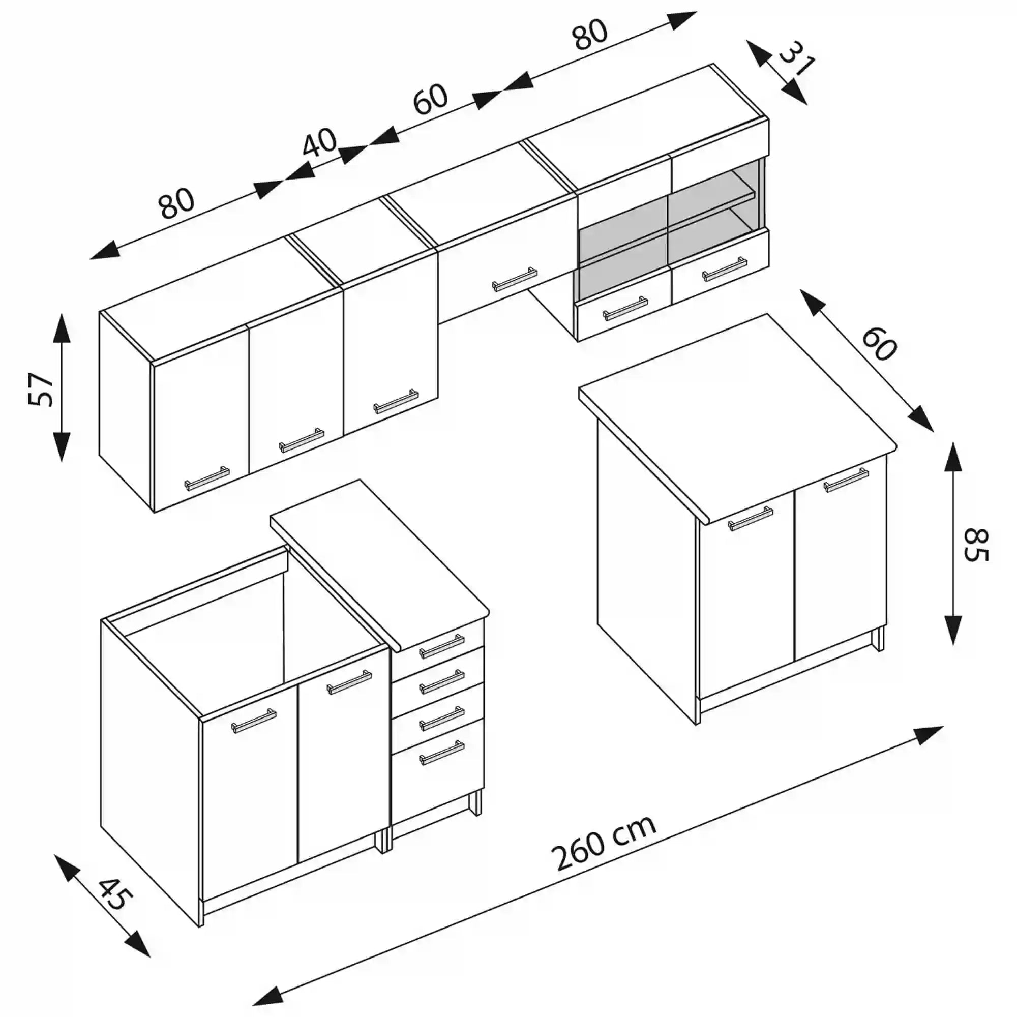 Set bucatarie AMANDA 1, stejar inchis/granit, PAL melaminat/sticla, 260 cm