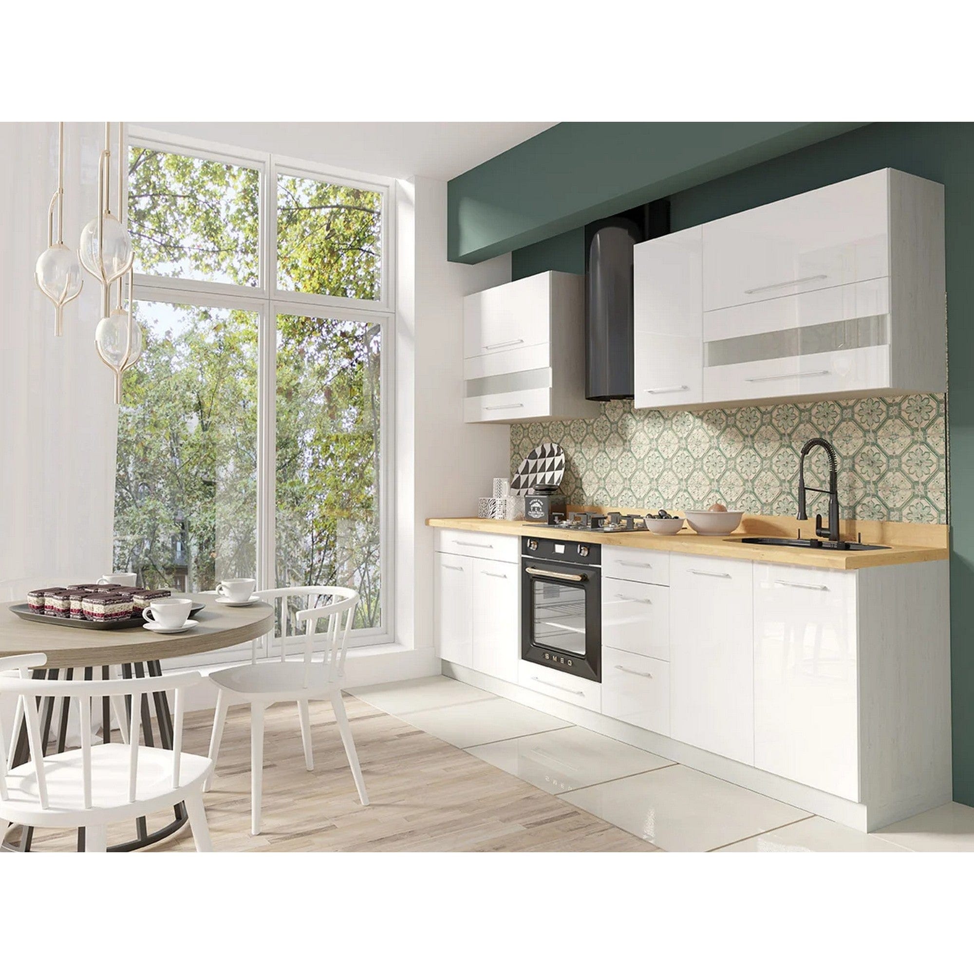 Set bucatarie CREATIVA A, carcasa andersen/fronturi alb lucios, PAL, 270 cm, cu blatul artisan, plinta superioara si inferioara incluse